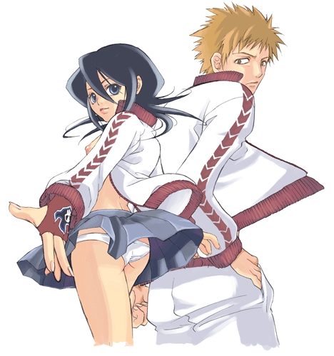 suika, kuchiki rukia, kurosaki ichigo, bleach, lowres, 00s, 1boy, 1girl, ass, black eyes, black hair, breasts, brown eyes, fingerless gloves, flat chest, gloves, hand in pocket, jacket, looking back, nipples, orange hair, panties, pantyshot, pleated skirt, short hair, sideboob, single glove, skirt, topless male, track jacket, underwear, upskirt, white panties, wind, wind lift