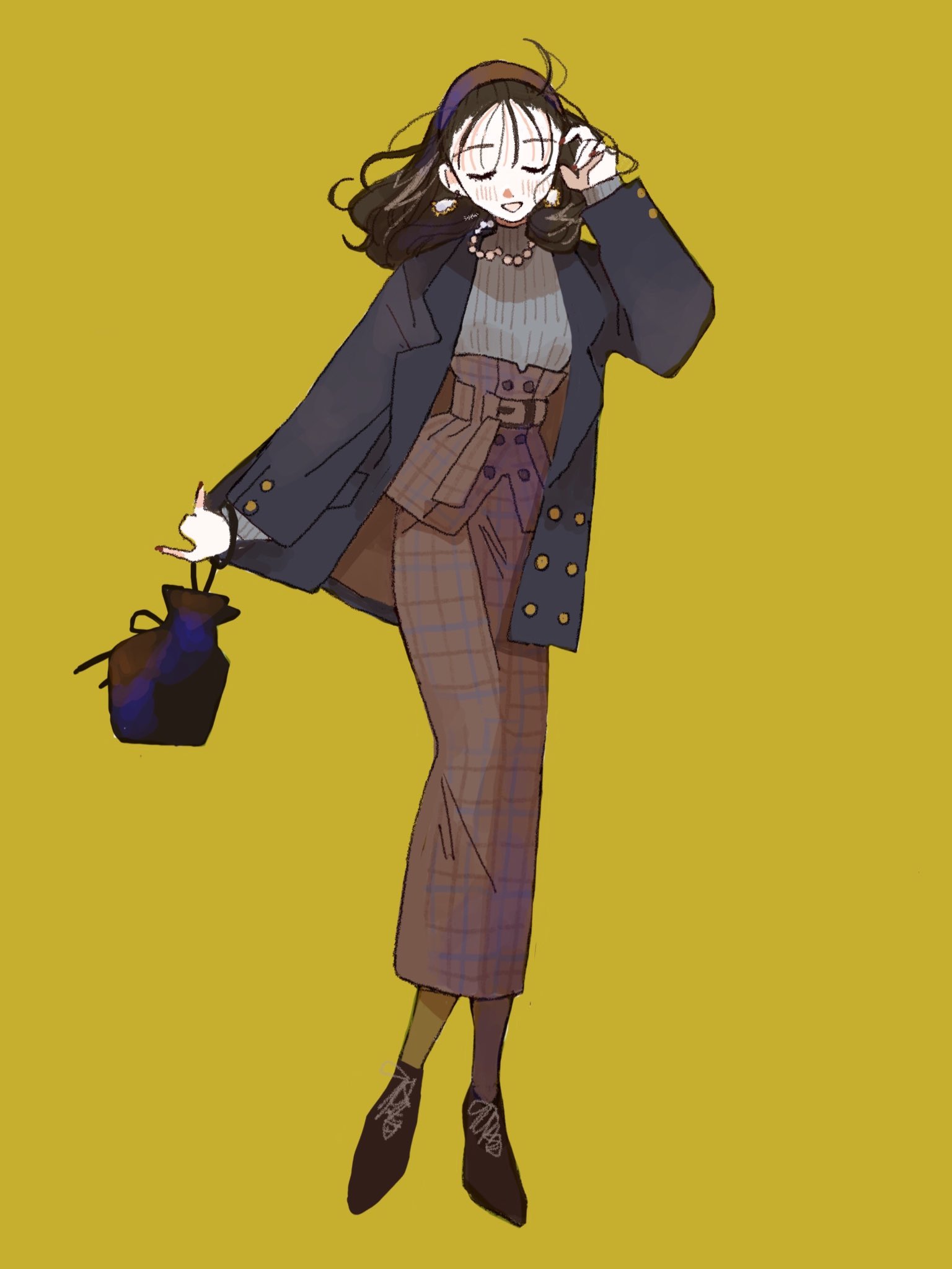 urayaka, original, highres, 1girl, adjusting hair, bag, belted skirt, black hair, black jacket, blazer, brown bag, brown shoes, closed eyes, double breasted, earrings, fingernails, full body, grey sweater, hair pulled back, handbag, hariband, jacket, jewelry, long legs, nail polish, necklace, outstretched arm, pearl necklace, plaid clothes, plaid skirt, shoes, simple background, skirt, smile, solo, standing, sweater, tassel, tassel earrings, turtleneck, turtleneck sweater, yellow background