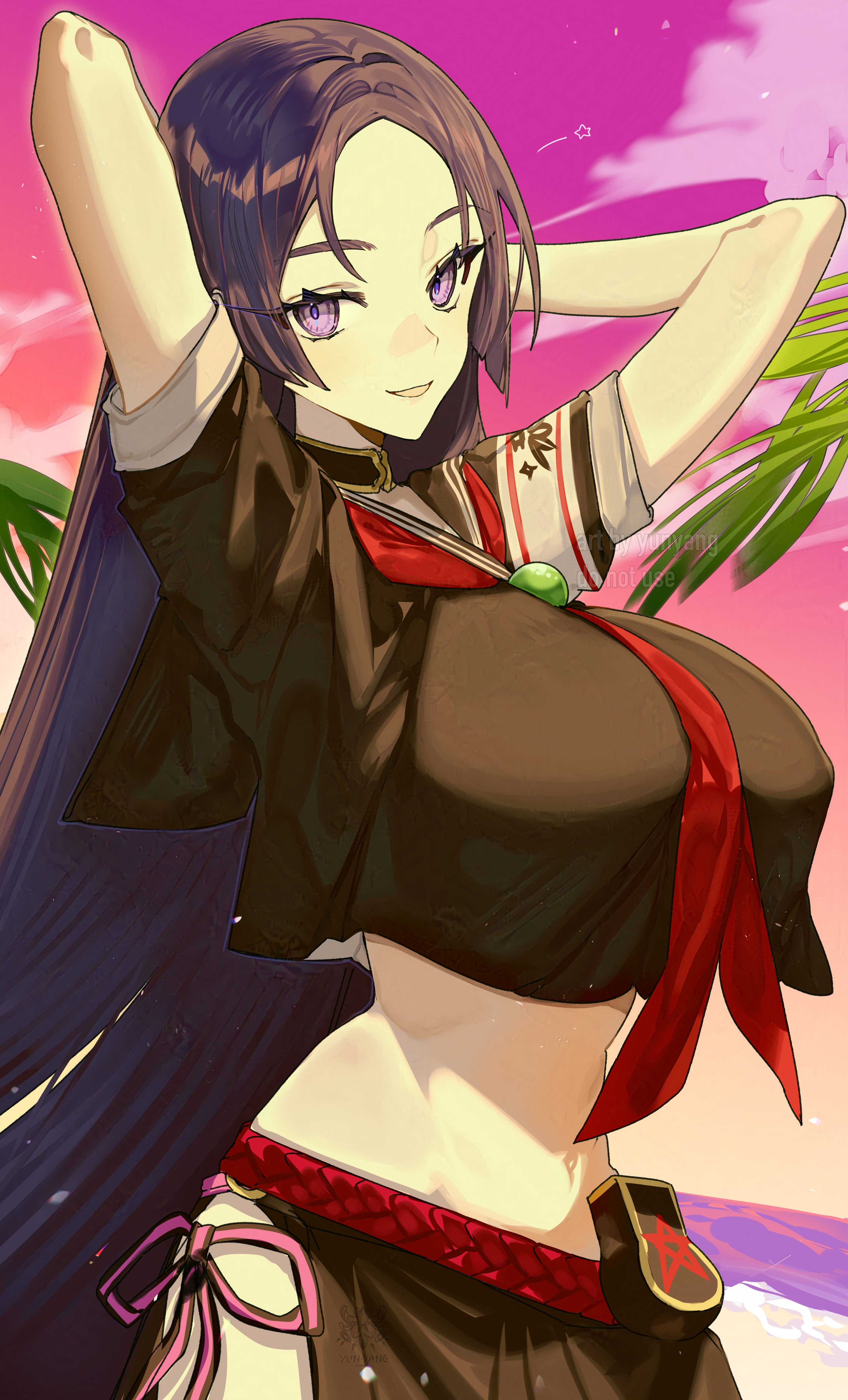 yun-yang, minamoto no raikou (fate), minamoto no raikou (fate/grand order), minamoto no raikou (swimsuit lancer) (fate), minamoto no raikou (swimsuit lancer) (second ascension) (fate), fate/grand order, fate (series), absurdres, highres, 1girl, arms behind head, arms up, beach, black sailor collar, black serafuku, black shirt, black skirt, blush, breasts, crop top, crop top overhang, large breasts, long hair, long skirt, looking at viewer, navel, neckerchief, open mouth, parted bangs, pink sky, pouch, purple eyes, purple hair, rope, sailor collar, school uniform, serafuku, shirt, short sleeves, skirt, sky, smile, solo, sunset, twilight, very long hair