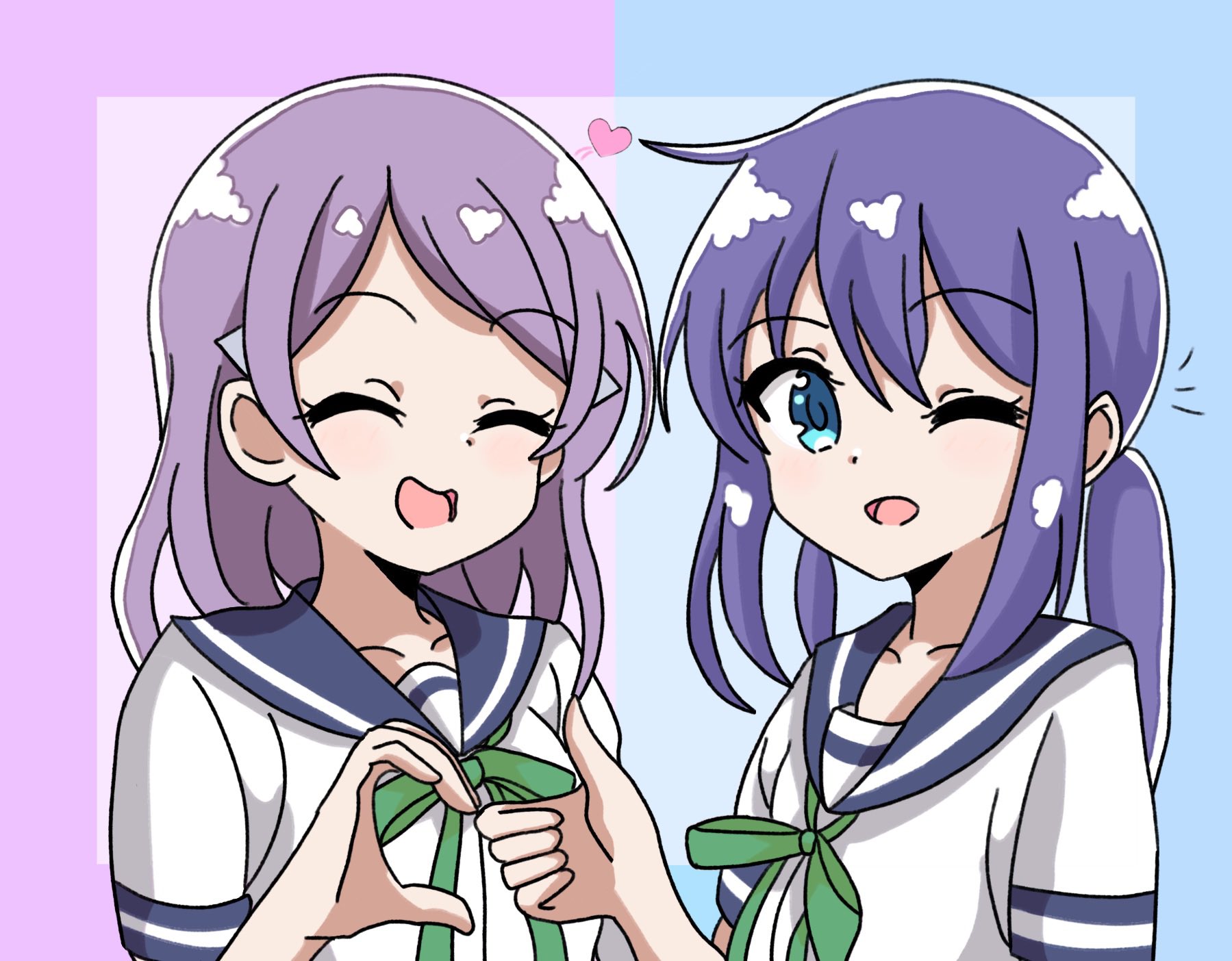 chikadaioshi, manaka ao, suzuya moe, koisuru asteroid, 2girls, blue eyes, blue hair, blue sailor collar, closed eyes, collarbone, dot nose, feet out of frame, female focus, hair between eyes, hair ornament, hairclip, heart, long hair, multiple girls, one eye closed, open mouth, purple hair, ribbon, sailor collar, school uniform, serafuku, shirt, short sleeves, standing, thumbs up, upper body, white shirt