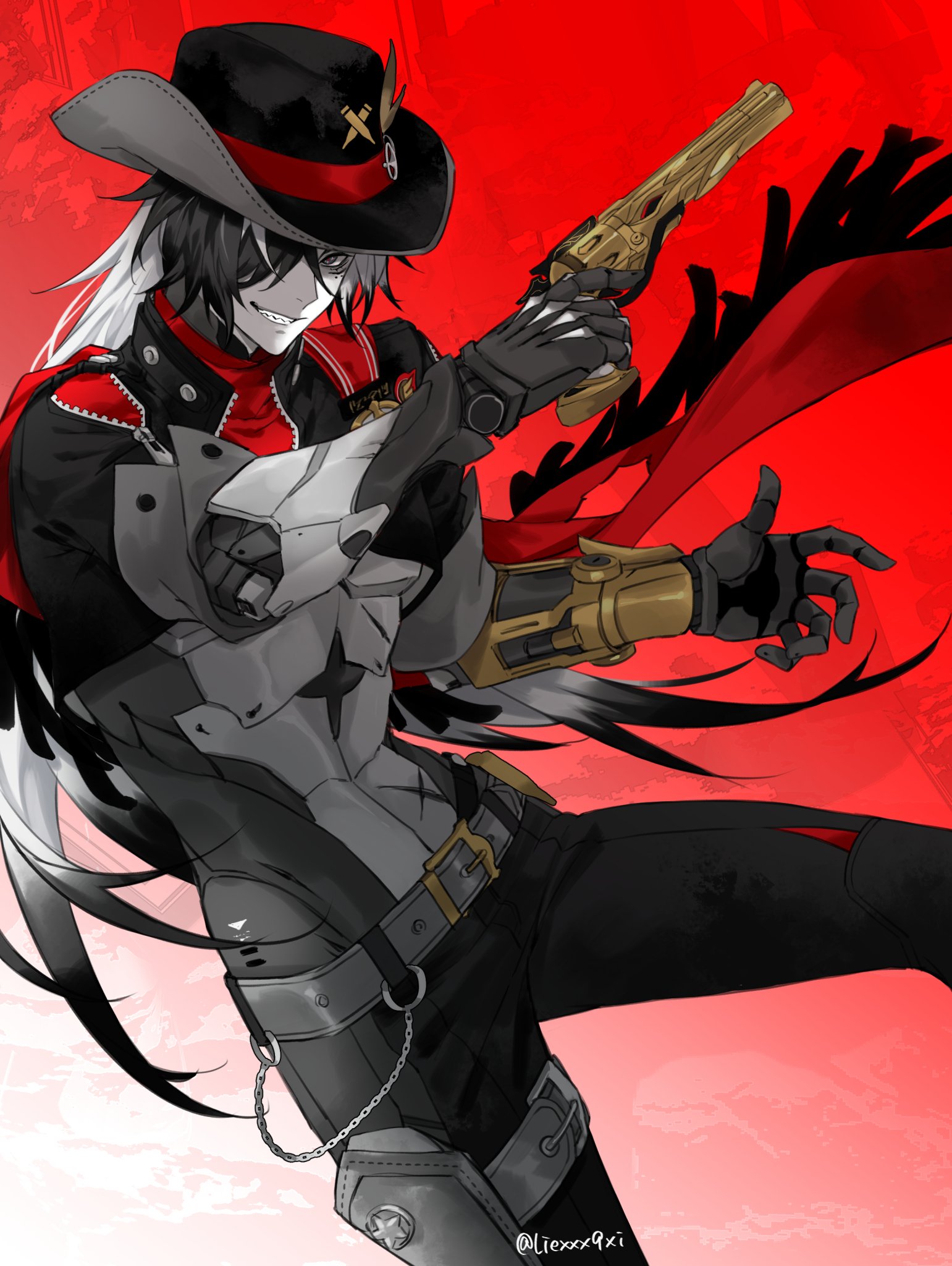 boothill (honkai: star rail), honkai: star rail, honkai (series), commentary, hashtag-only commentary, highres, 1boy, arms up, belt, belt buckle, black hair, black jacket, black pants, buckle, cowboy hat, cropped jacket, cyborg, dutch angle, feet out of frame, grey belt, grin, gun, hair over one eye, handgun, hat, holding, holding gun, holding weapon, holster, jacket, liexxx9xi, long hair, male focus, midriff, mole, mole under eye, multicolored hair, multiple moles, one eye covered, pants, red scarf, revolver, scarf, smile, solo, teeth, thigh holster, toned, toned male, unzipped, very long hair, wallet chain, weapon, white hair, zipper, zipper pull tab