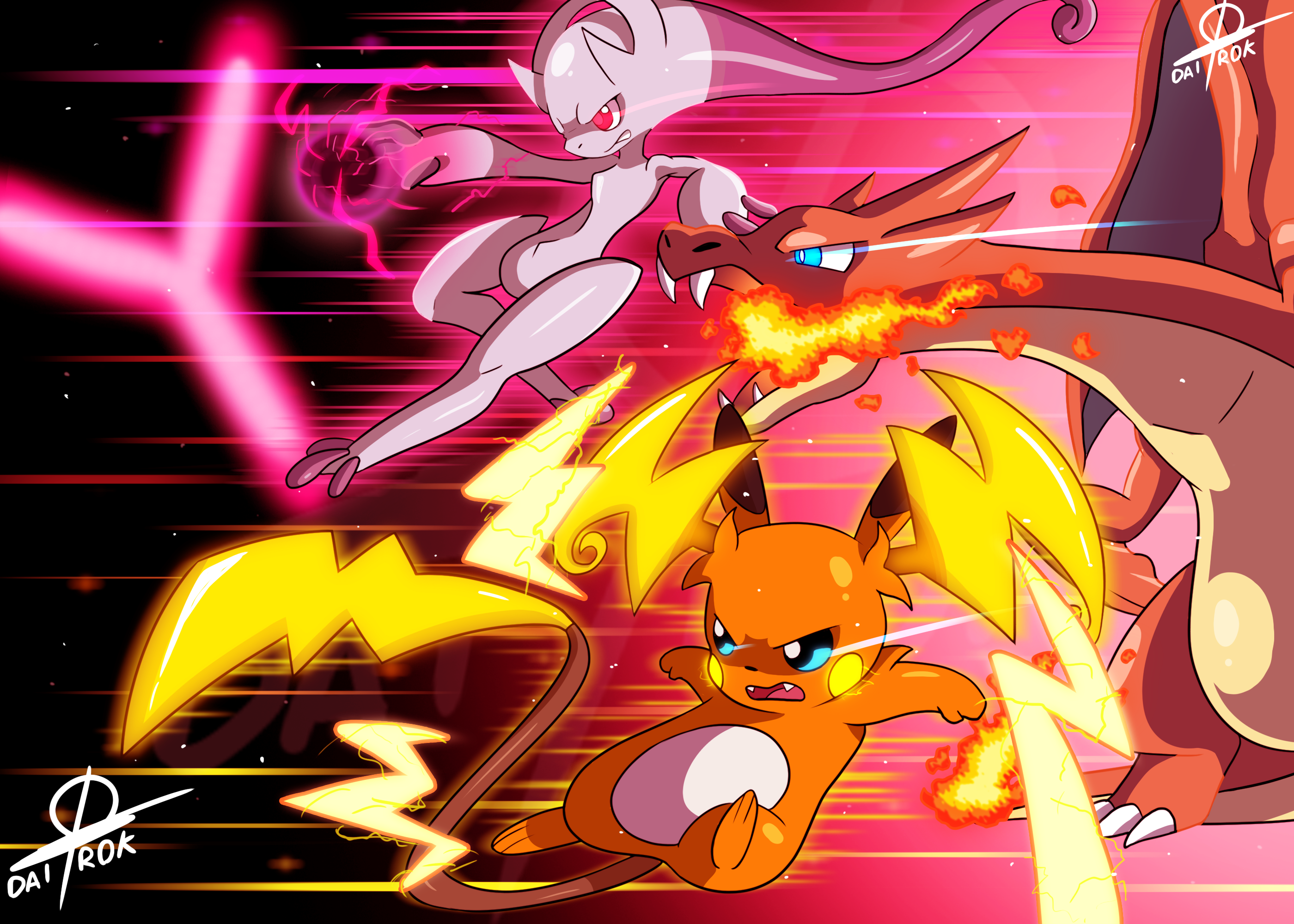 dairok (dandroirl), charizard, mega charizard y, mega mewtwo y, mega raichu y, mewtwo, raichu, nintendo, pokemon, commentary, english commentary, highres, aqua eyes, artist name, bright pupils, dragon, electricity, energy ball, eye trail, fangs, fire, flame-tipped tail, gen 1 pokemon, legendary pokemon, light trail, mega pokemon, nostrils, open mouth, pokemon (creature), pokemon focus, red eyes, tail, trait connection, white pupils