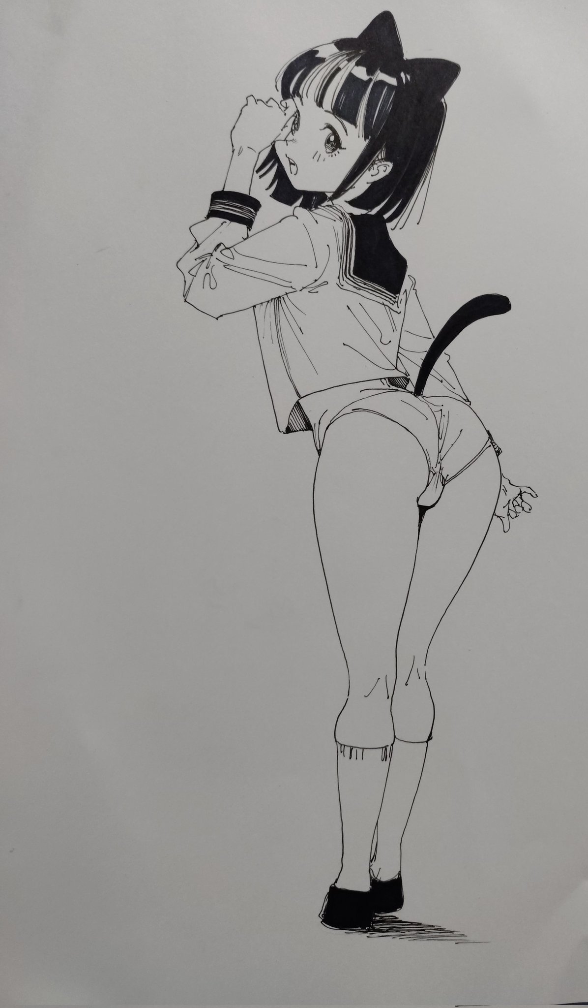 gagaimo, original, highres, photo (medium), traditional media, 1girl, animal ears, arm up, ass, blunt bangs, cat ears, cat girl, cat tail, from behind, full body, grey background, greyscale, kneehighs, looking at viewer, looking back, monochrome, no pants, open mouth, panties, sailor collar, shirt, shoes, short hair, simple background, socks, solo, tail, underwear
