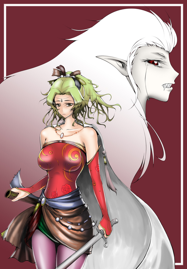 mocchisake, tina branford, trance terra branford, dissidia final fantasy, final fantasy, final fantasy vi, bad id, bad pixiv id, 1990s (style), cape, detached sleeves, earrings, green hair, jewelry, long hair, necklace, pantyhose, pointy ears, ponytail, retro artstyle, sword, weapon
