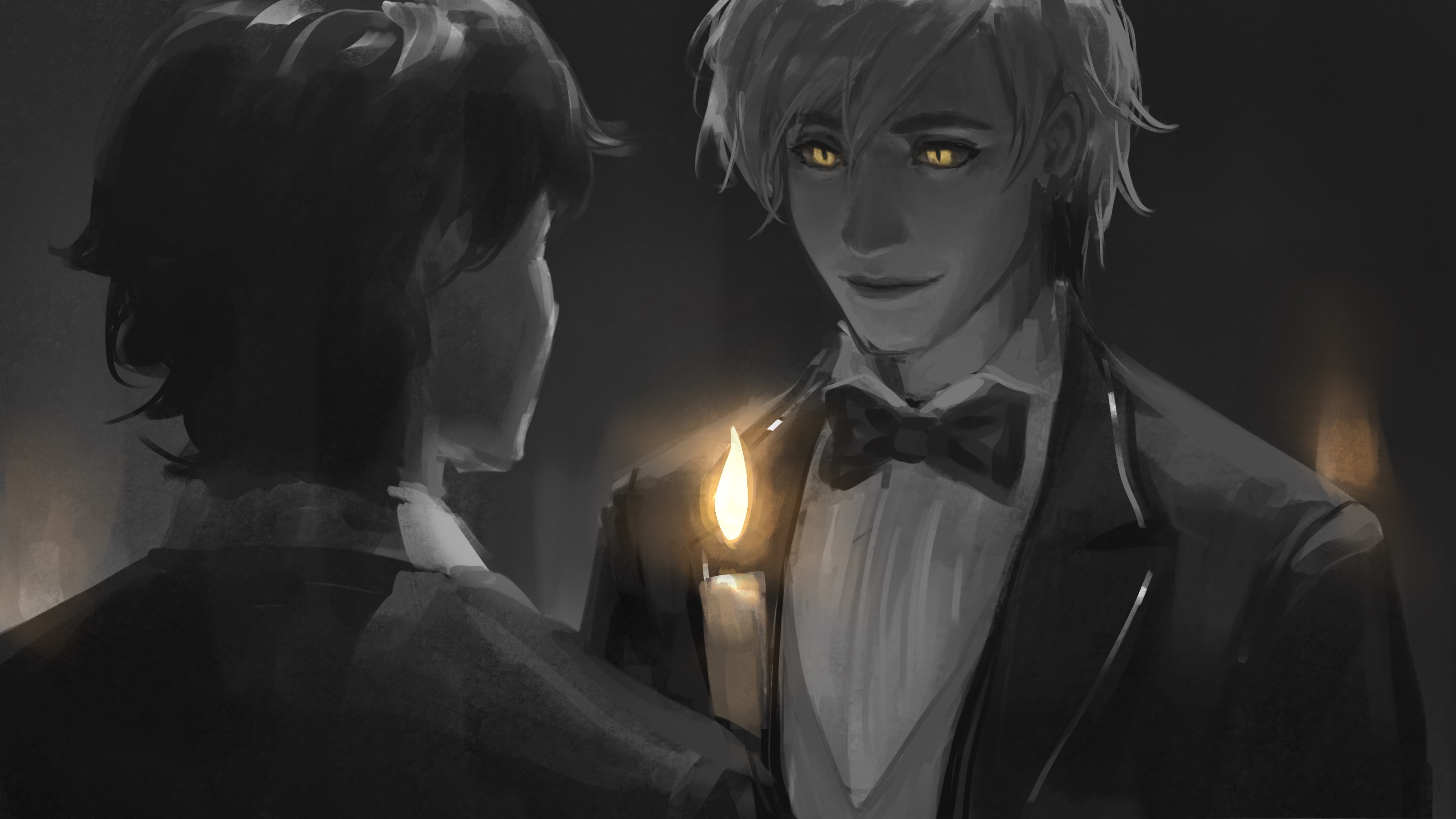 suikamelony, bill cipher, dipper pines, gravity falls, absurdres, highres, 2boys, aged up, bow, bowtie, candle, collared shirt, fire, formal clothes, lips, male focus, multiple boys, painterly, realistic, shirt, short hair, slit pupils, smile, spot color, suit, white shirt, yellow eyes