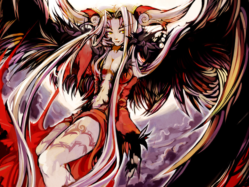 ef (artist), effet, ultimecia, dissidia 012 final fantasy, dissidia final fantasy, final fantasy, final fantasy viii, 1990s (style), 1girl, breasts, cleavage, cloud, coat, female focus, grey hair, horns, jewelry, legs, long hair, midriff, navel, retro artstyle, revealing clothes, sidelocks, smile, solo, tattoo, thighs, torn clothes, very long hair, white hair, wings, yellow eyes