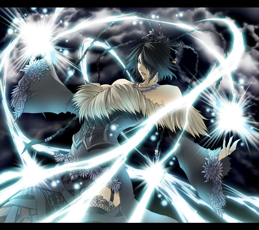 ferio, lulu (ff10), final fantasy, final fantasy x, square enix, fur, 00s, 1girl, belt, black hair, braid, censored, dress, earrings, energy, female focus, fingernails, hair ornament, hair over one eye, jewelry, letterboxed, lightning, long fingernails, magic, mole, mole under eye, mole under mouth, necklace, solo, strapless, strapless dress, thighhighs