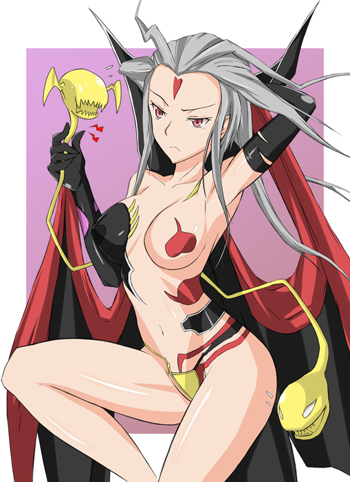 ashita kara ganbaro, cloud of darkness, dissidia final fantasy, final fantasy, final fantasy iii, bad id, bad pixiv id, 1990s (style), 1girl, cape, elbow gloves, female focus, gloves, grey hair, long hair, pink eyes, retro artstyle, revealing clothes, solo