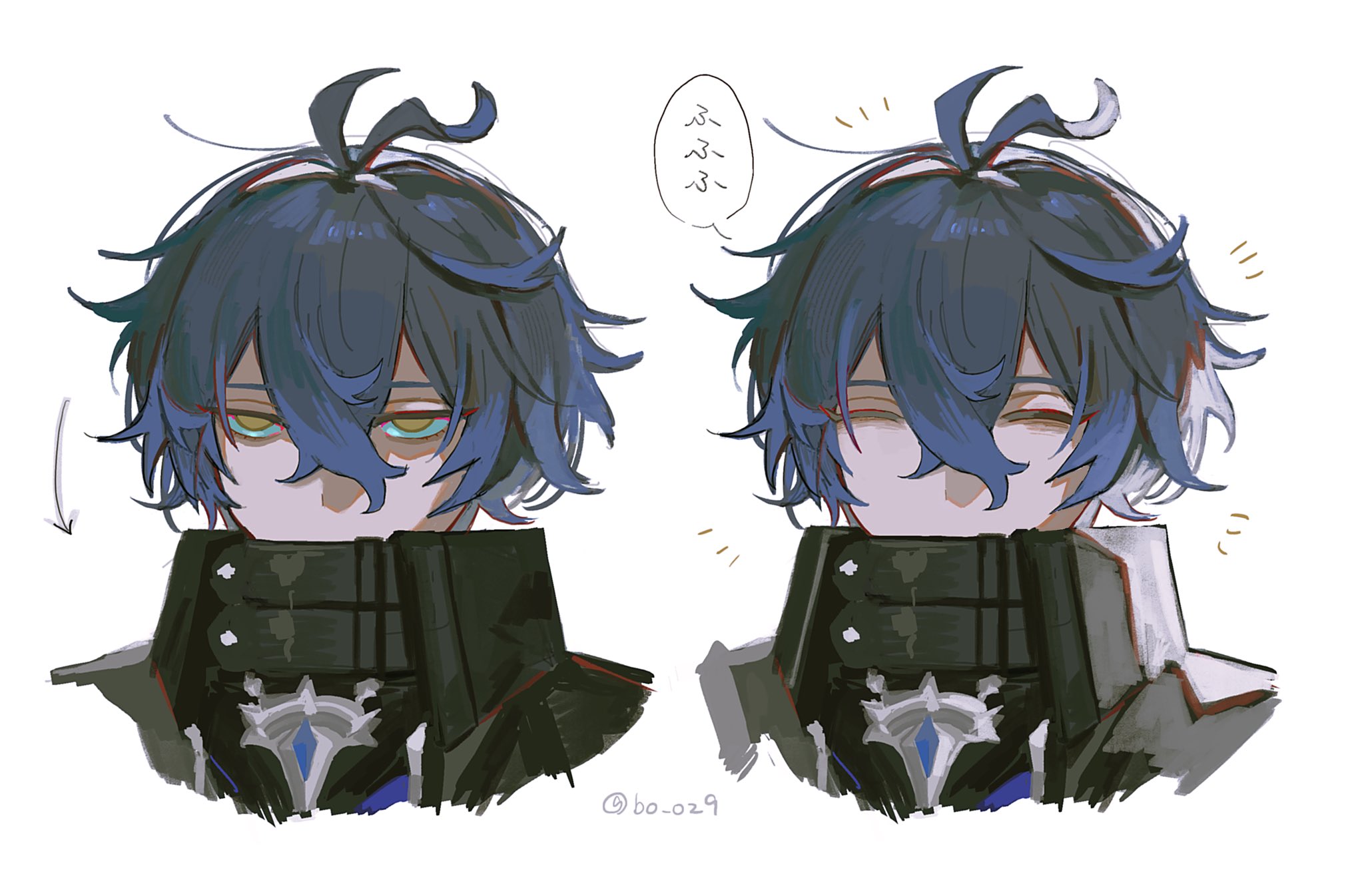 shima (vivi do), flins (genshin impact), genshin impact, highres, 1boy, ^ ^, antenna hair, arrow (symbol), blue hair, closed eyes, collared jacket, covered mouth, crossed bangs, double-parted bangs, empty eyes, high collar, jacket, male focus, multiple views, sanpaku, twitter username, yellow eyes