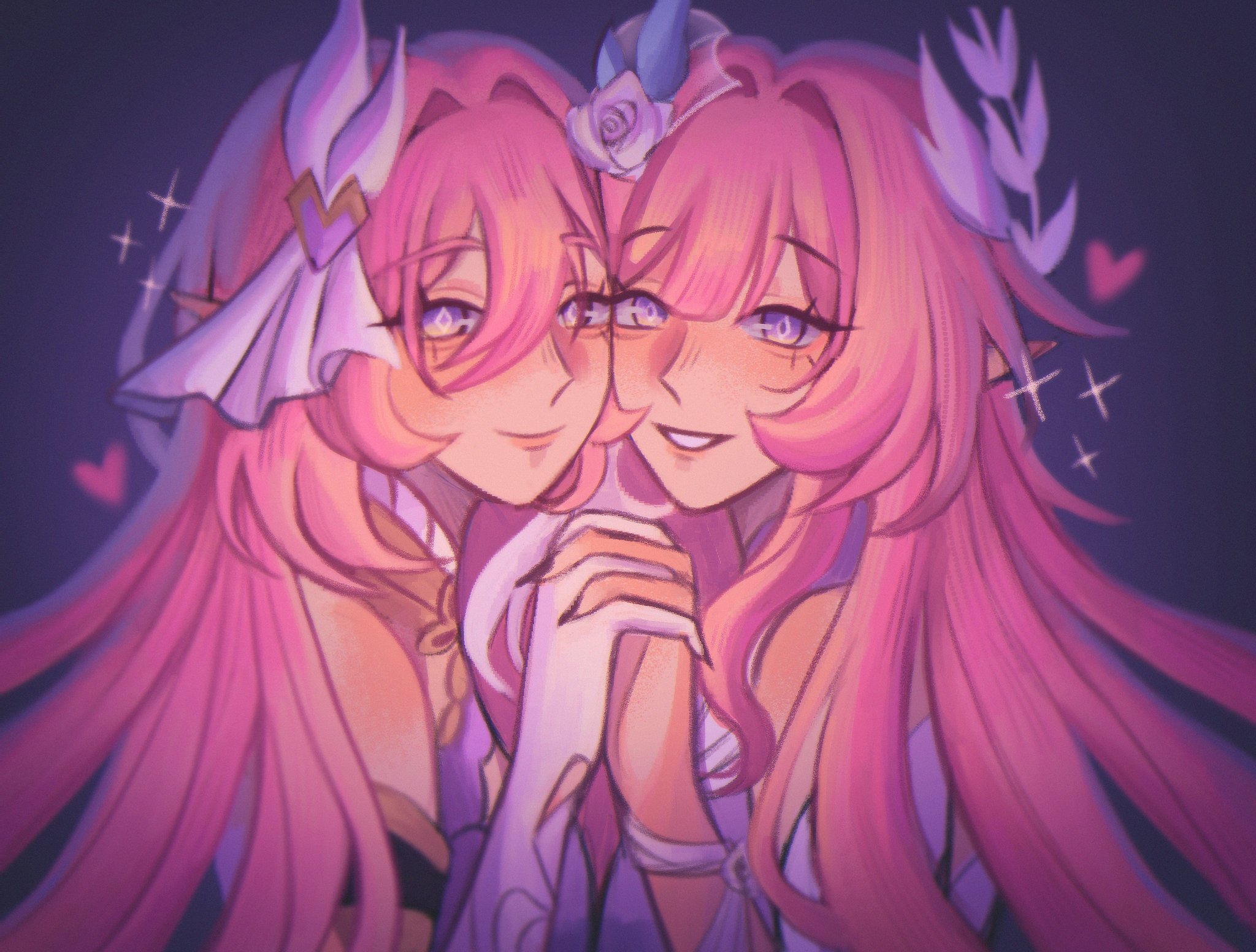 cyrene (honkai: star rail), cyrene (ripples of past reverie) (honkai: star rail), elysia (herrscher of human: ego) (honkai impact), elysia (honkai impact), inoue marina, honkai: star rail, honkai (series), honkai impact 3rd, commentary, english commentary, highres, 2girls, bare shoulders, color connection, company connection, diamond-shaped pupils, diamond (shape), elf, flowerdr3amer, gloves, hair color connection, hair ornament, halo, holding hands, long hair, multicolored hair, multiple girls, pink hair, pointy ears, purple eyes, simple background, smile, symbol-shaped pupils, two-tone hair, very long hair, voice actor connection, white gloves, white hair, yanning