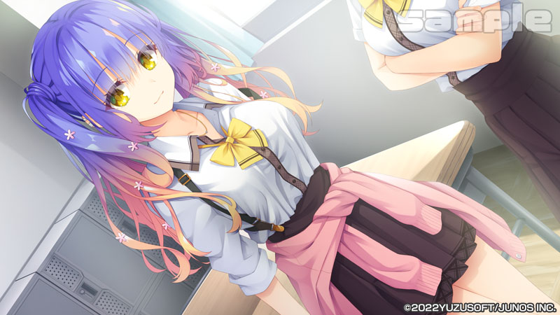 muririn, kohibari kurumi, tenshi souzou re-boot!, commentary, english commentary, official art, second-party source, 2girls, black skirt, bow, bowtie, classroom, closed mouth, clothes around waist, copyright notice, desk, dutch angle, gradient hair, green eyes, indoors, long hair, looking at viewer, mizuka academy school uniform, multicolored hair, multiple girls, orange hair, pink sweater, purple hair, sample watermark, school desk, school uniform, shirt, skirt, smile, solo focus, suspender skirt, suspenders, sweater, sweater around waist, watermark, white shirt, yellow bow, yellow bowtie