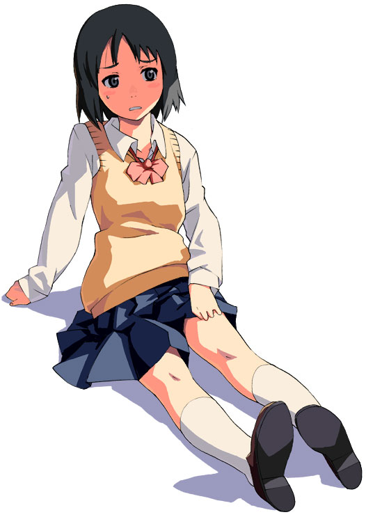 eyeball (artist), kamiya ron, 1girl, black hair, female focus, full body, grey eyes, school uniform, serafuku, simple background, sitting, skirt, socks, solo, sweatdrop, white background, white socks