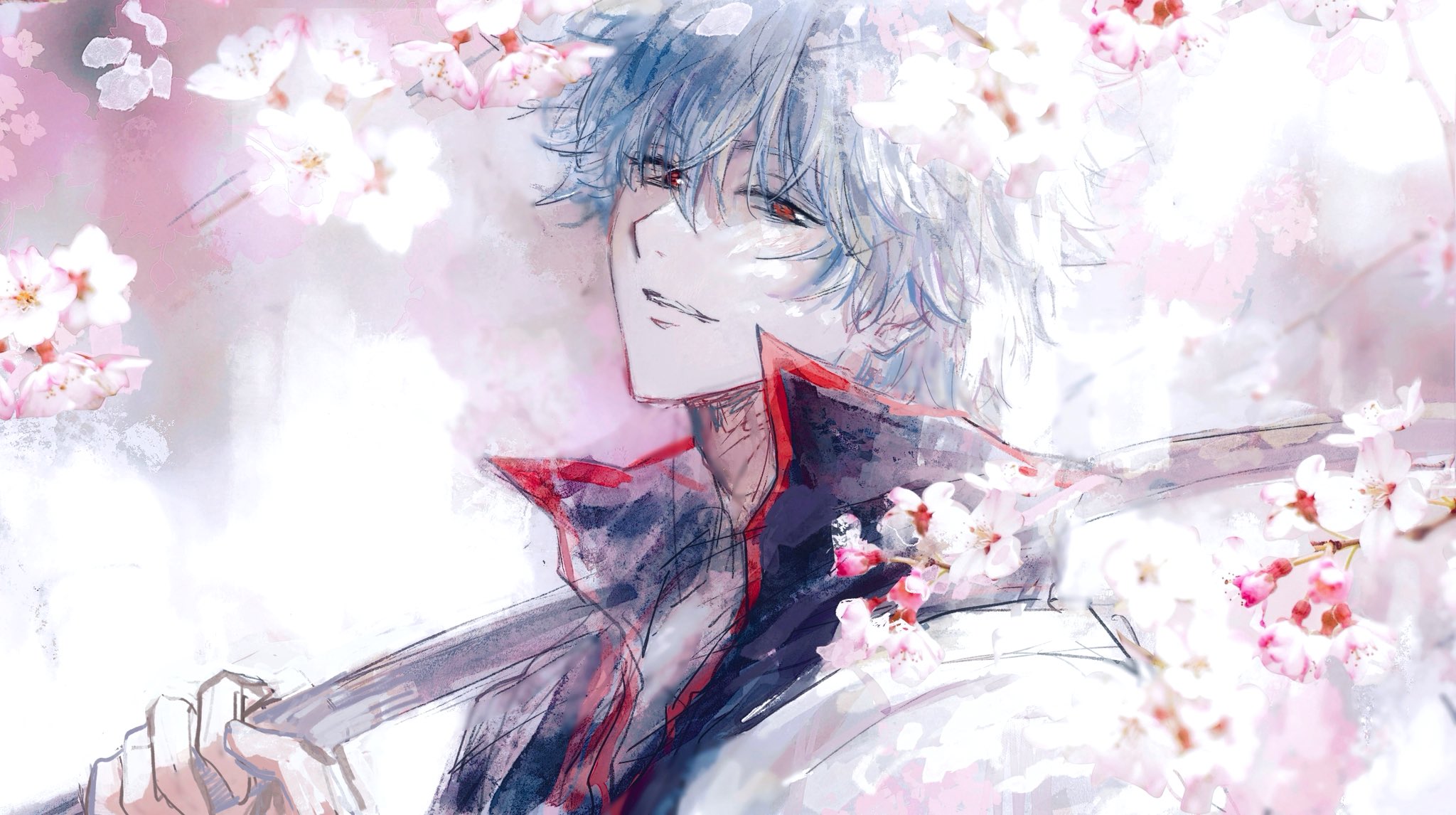 lushu kuye, sakata gintoki, gintama, commentary request, highres, 1boy, black shirt, bokken, cherry blossoms, flower, grey hair, grin, hair between eyes, holding, holding sword, holding weapon, japanese clothes, kimono, lips, looking at viewer, male focus, messy hair, over shoulder, parted lips, pink flower, popped collar, red eyes, shirt, short hair, smile, solo, sword, upper body, weapon, weapon over shoulder, white flower, white kimono, wooden sword