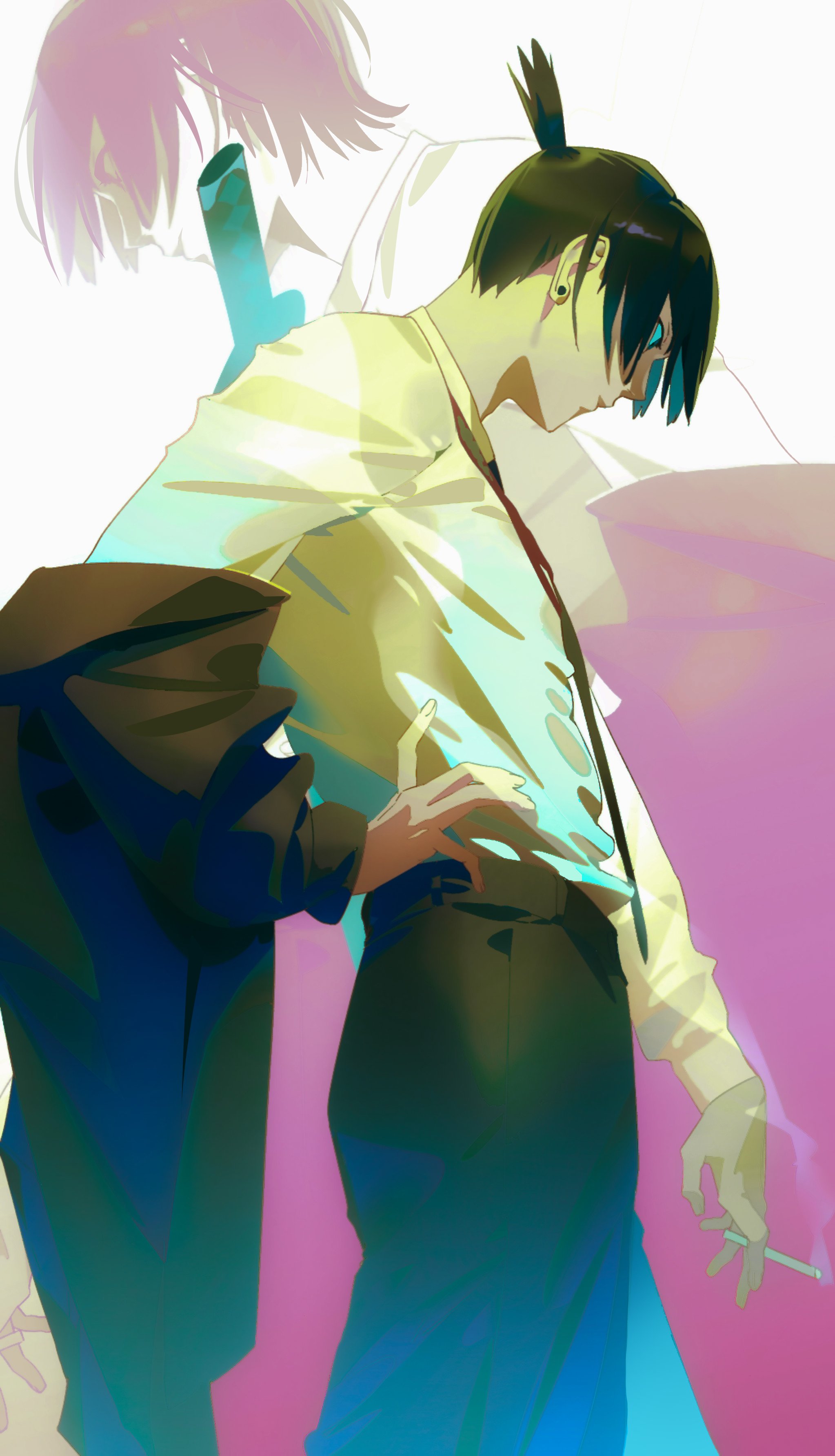 gusamo, hayakawa aki, chainsaw man, absurdres, highres, 1boy, black necktie, black suit, cigarette, formal clothes, holding, holding cigarette, jacket, male focus, necktie, solo, suit, suit jacket, weapon, weapon on back