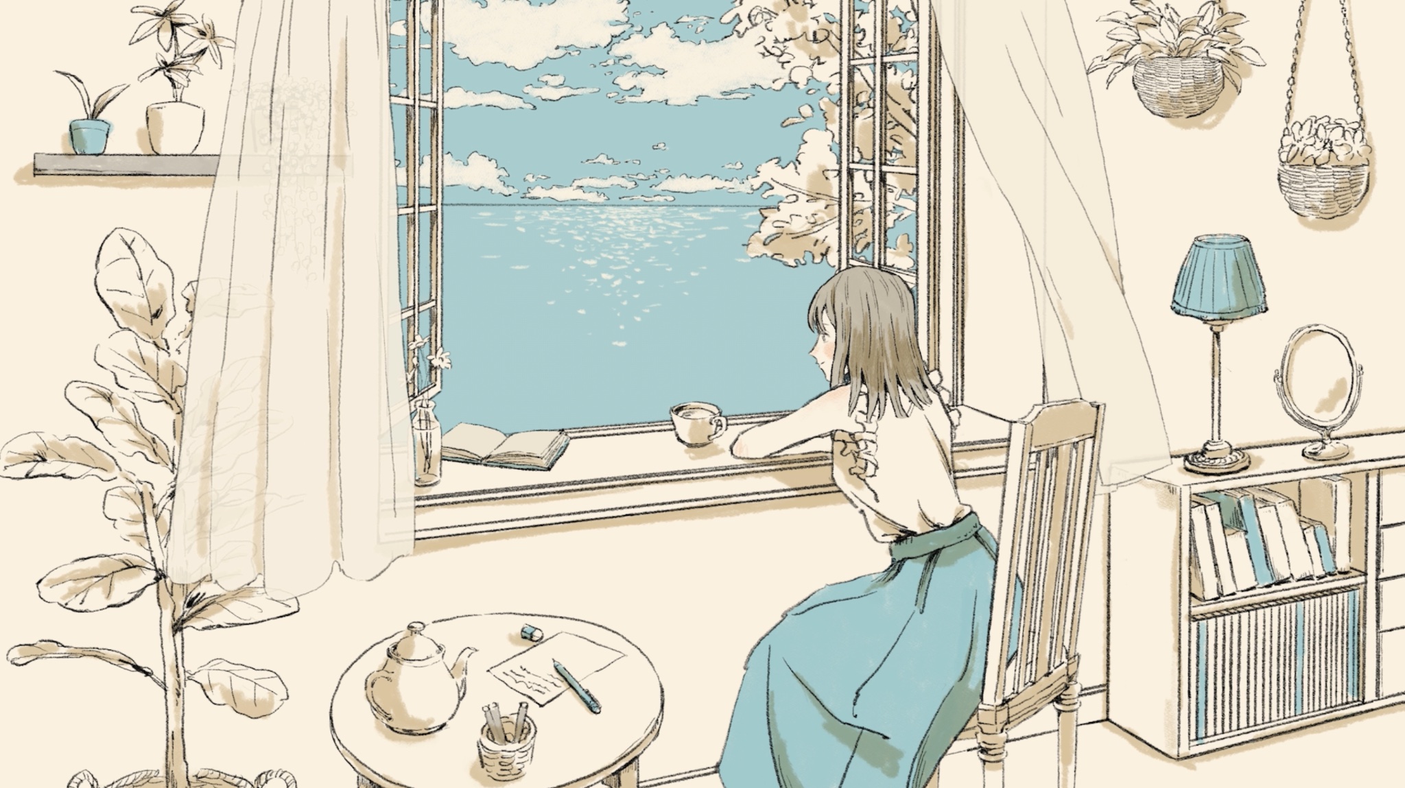 karasane03, original, highres, 1girl, blue skirt, blue sky, book, bookshelf, bottle, chair, cloud, cloudy sky, curtains, elbow blush, eraser, flower, from behind, indoors, lamp, looking outside, mirror, ocean, open book, open window, partially colored, pen, plant, potted plant, shirt, shoulder blush, skirt, sky, sleeveless, sleeveless shirt, solo, teapot, wide shot, window