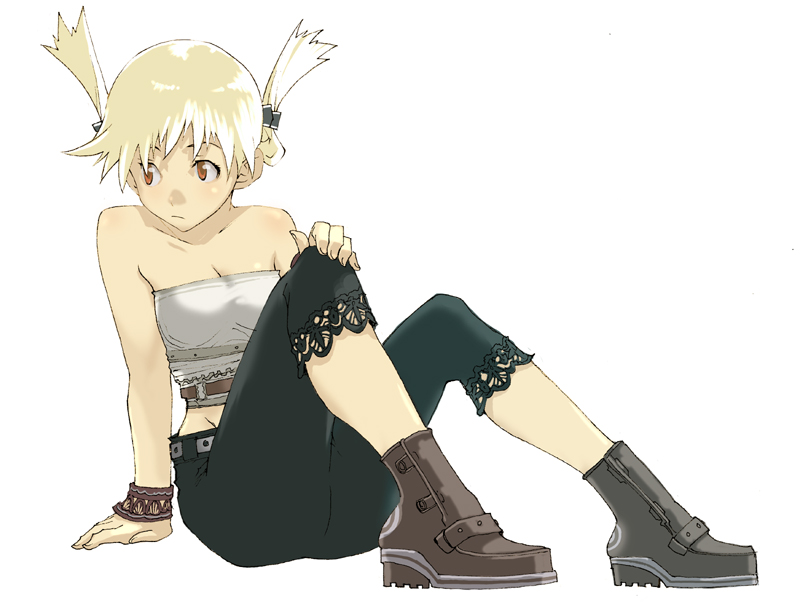 enami katsumi, 1girl, belt, blonde hair, bracelet, brown hair, female focus, hair up, jewelry, simple background, sitting, solo, twintails