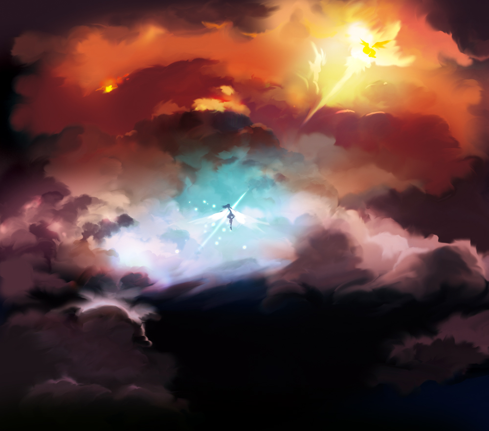 enami katsumi, original, bad id, bad pixiv id, tagme, 1other, black hair, cloud, fairy, sky, solo