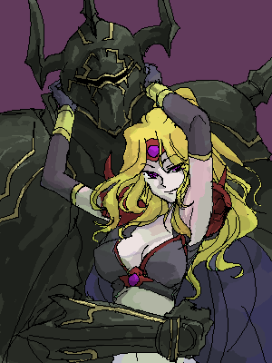 masu (artist), golbez, rosa farrell, final fantasy, final fantasy iv, lowres, 1990s (style), armor, bad end, blonde hair, dark persona, detached sleeves, long hair, masu, oekaki, retro artstyle, tiara, transformation