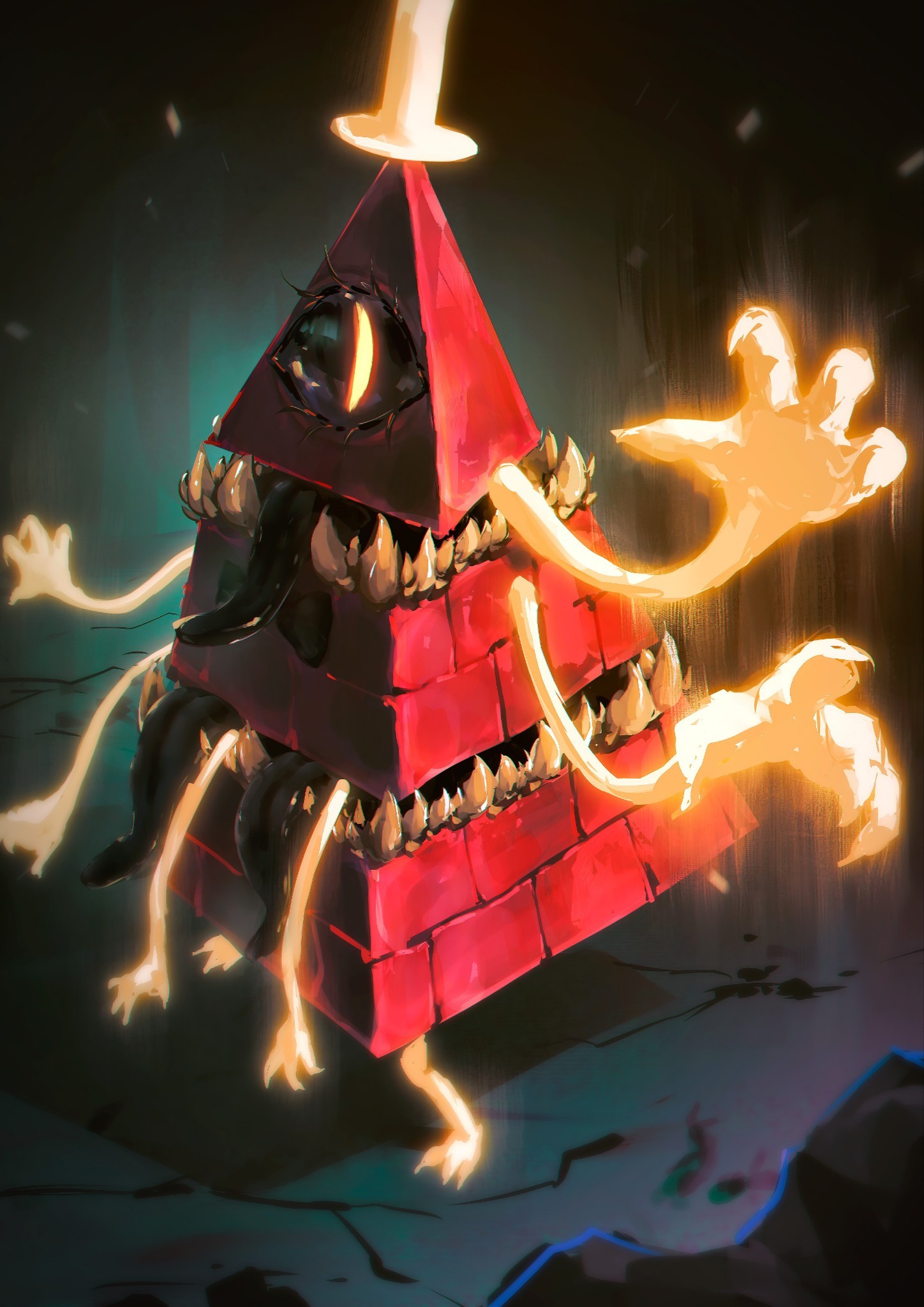 suikamelony, bill cipher, gravity falls, highres, 1boy, black sclera, black tongue, colored eyelashes, colored sclera, colored teeth, demon, extra arms, glowing, hat, monster, no humans, painterly, pyramid (structure), sharp teeth, slit pupils, solo, teeth, tongue, tongue out, top hat, yellow teeth