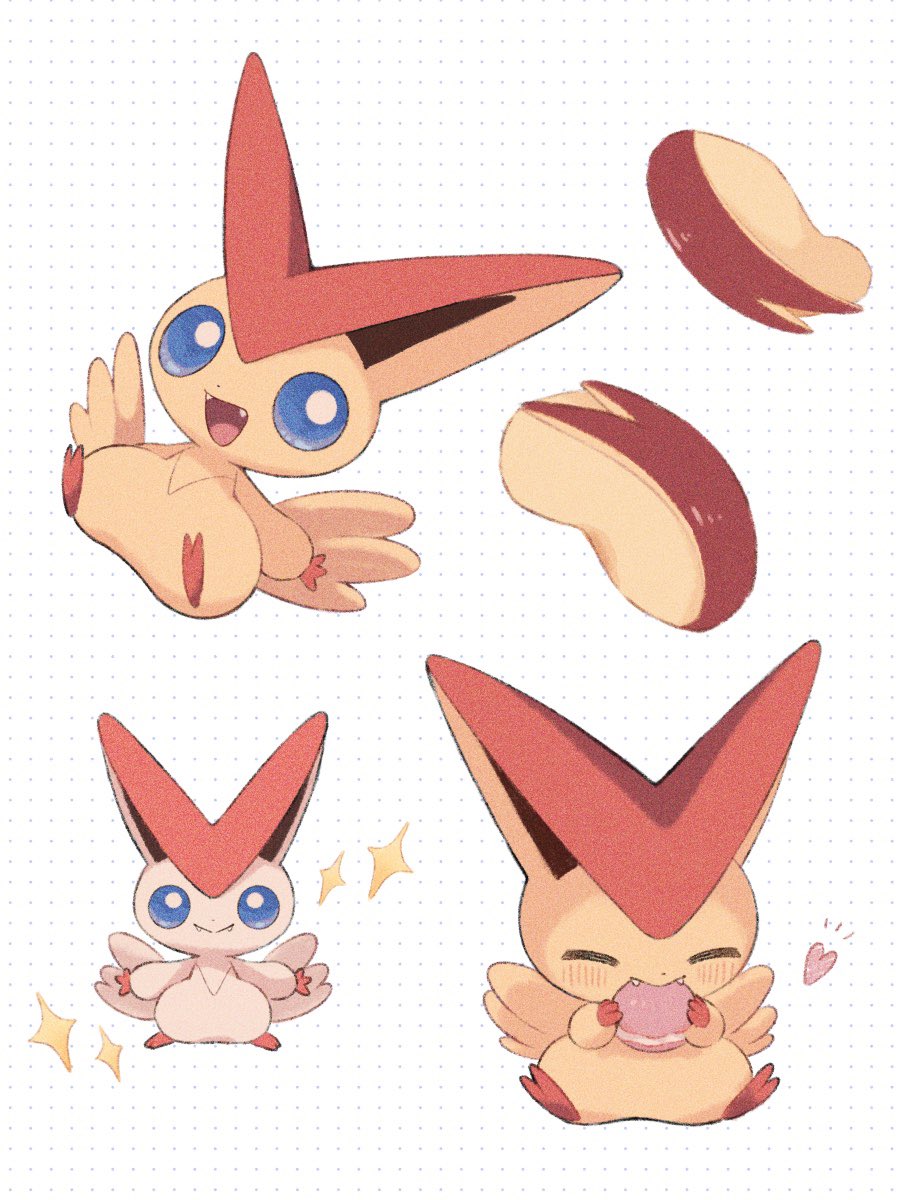 appyon (archangel ayp), victini, nintendo, pokemon, highres, alternate color, apple, apple slice, blue eyes, blue sclera, closed mouth, colored sclera, eating, fangs, food, fruit, gen 5 pokemon, heart, holding, holding food, legendary pokemon, macaron, mythical pokemon, no humans, open mouth, pokemon (creature), pokemon focus, shiny pokemon, simple background, smile, star (symbol)