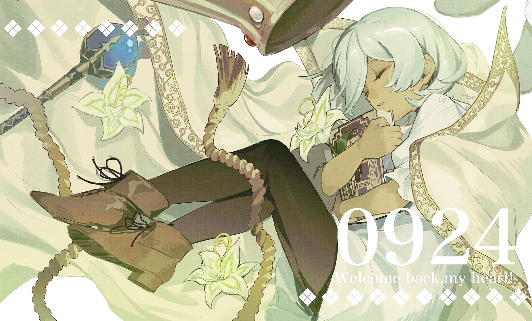 abi 07km, the prince (metaphor: refantazio), metaphor: refantazio, highres, 1boy, black leggings, book, boots, brown boots, cape, closed eyes, crown, dark-skinned male, dark skin, dated, flower, frilled sleeves, frills, gold trim, hair behind ear, holding, holding book, leggings, lying, male focus, on side, parted hair, parted lips, scepter, short hair, short sleeves, solo, tassel, white background, white cape, white flower