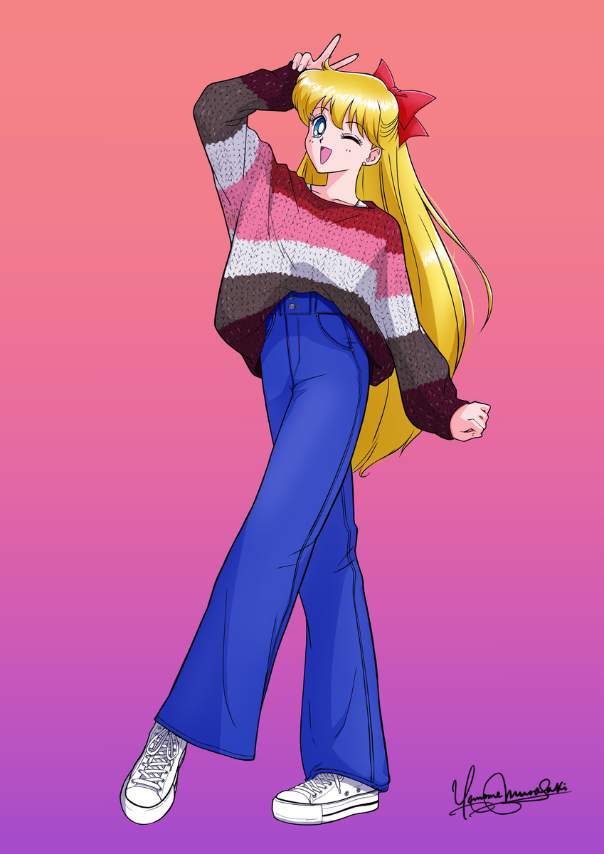 dj jdite, aino minako, bishoujo senshi sailor moon, highres, 1girl, bell-bottoms, blonde hair, blue eyes, bow, denim, hair bow, jeans, long hair, looking at viewer, one eye closed, pants, red bow, shoes, smile, sneakers, solo, sweater, v, white shoes