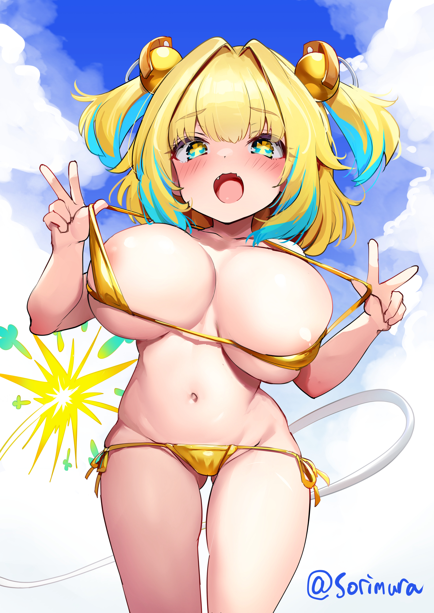 sorimura youji, pine (bombergirl), bombergirl, commentary request, highres, + +, 1girl, areola slip, bare arms, bare legs, bare shoulders, bikini, bikini pull, blonde hair, blue eyes, blue hair, blush, breasts, clothes pull, cloud, cloudy sky, day, fangs, fuse tail, gluteal fold, gold bikini, grenade hair ornament, hair intakes, hair ornament, large breasts, looking at viewer, lowleg, lowleg bikini, medium breasts, multicolored hair, navel, open mouth, oppai loli, outdoors, pulling own clothes, side-tie bikini bottom, sky, smile, solo, swimsuit, symbol-shaped pupils, tail, thighs, twitter username, two-tone hair, yellow pupils