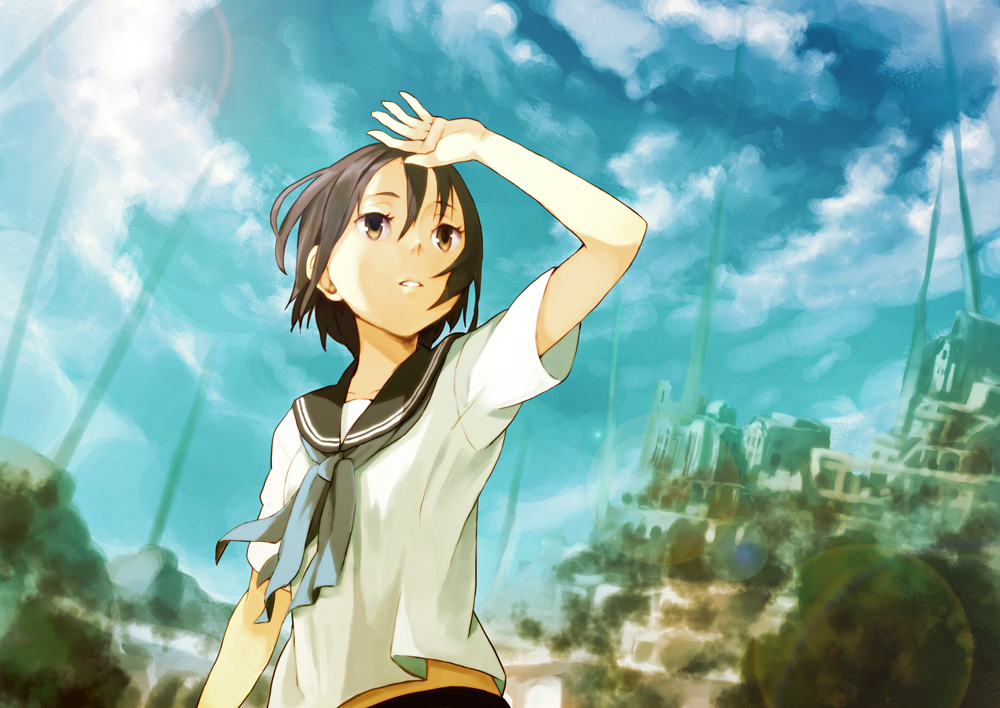 houru, original, brown eyes, brown hair, day, ruins, school uniform, short hair, sky, solo