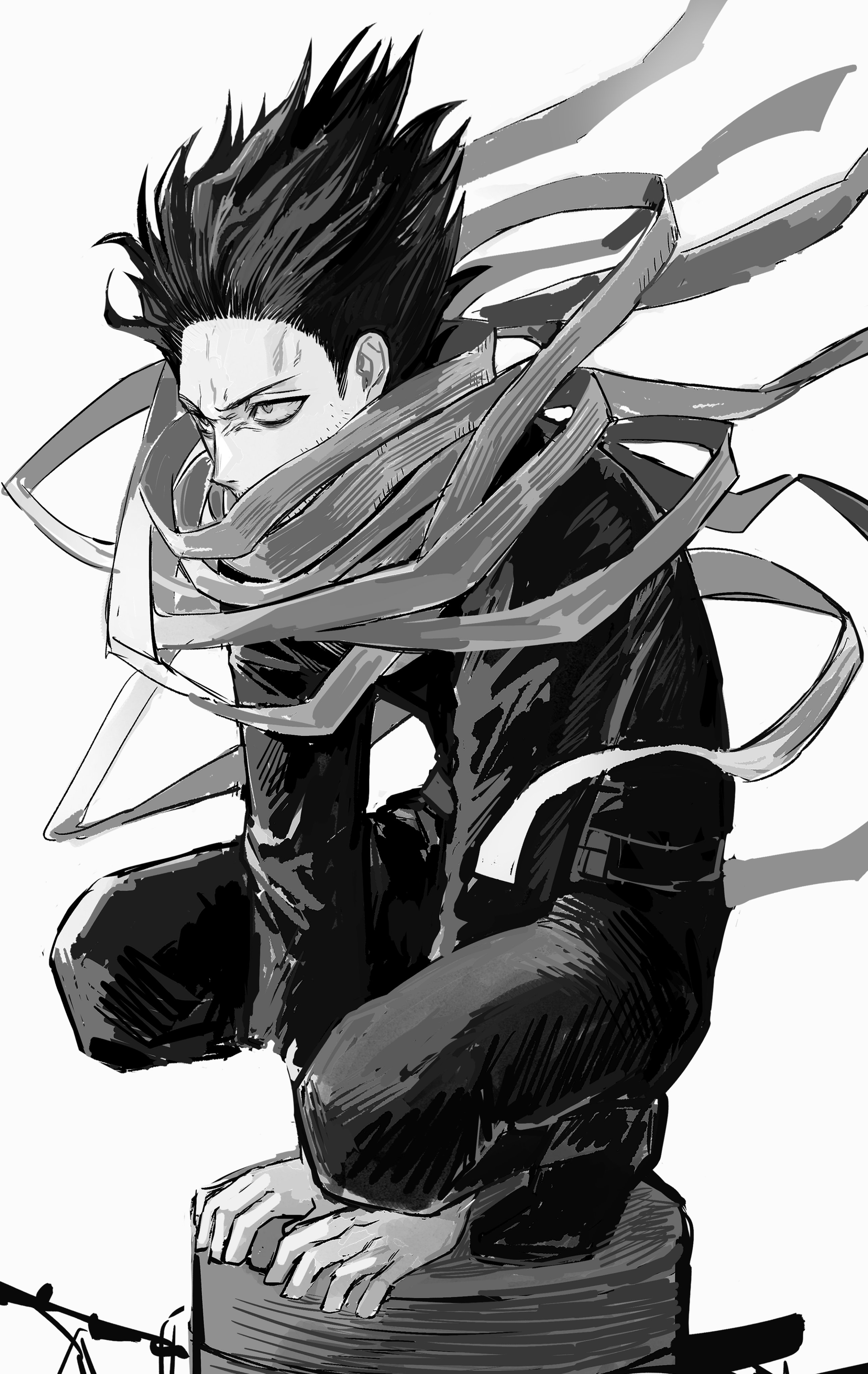 aizawa shota, boku no hero academia, absurdres, highres, 0x0x0x ox, 1boy, barbed wire, covered mouth, floating hair, greyscale, long sleeves, looking ahead, male focus, medium sideburns, monochrome, pants, shoes, short hair, solo, squatting, superhero costume, white background