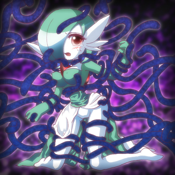shiratsuki (royal moon), gardevoir, nintendo, pokemon, tagme, 1girl, abstract background, blush, breasts, crying, gen 3 pokemon, kneeling, pokemon (creature), pussy, tentacles