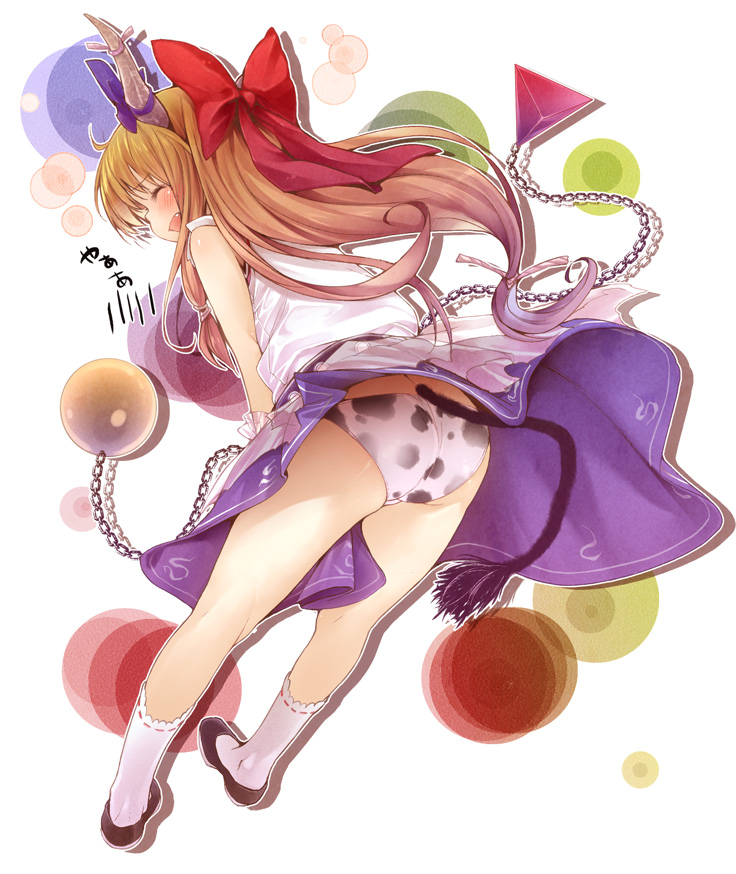 buriki, ibuki suika, touhou, bad id, bad pixiv id, 1girl, animal print, ass, blush, closed eyes, cow print, cow tail, fang, female focus, from behind, hair ribbon, horns, long hair, panties, pantyshot, ribbon, smile, socks, solo, tail, touhow, underwear, wind, wind lift