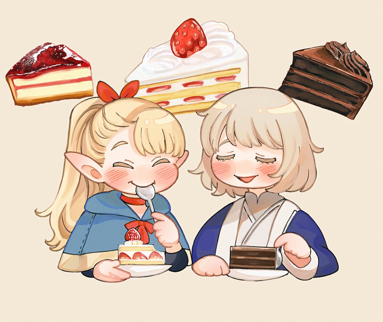 sasakura34, falin touden, falin touden (tallman), marcille donato, dungeon meshi, alt text, commentary request, 2girls, black shirt, blonde hair, blue capelet, blue robe, blush, bow, brown background, cake, cake slice, capelet, chibi, chibi only, chocolate cake, choker, closed eyes, closed mouth, colored eyelashes, cropped torso, elf, food, fruit, grey shirt, hair bow, happy, high ponytail, holding, holding plate, holding spoon, long hair, long sleeves, multiple girls, open mouth, plate, pointy ears, ponytail, red bow, red choker, robe, shirt, short hair, side-by-side, simple background, smile, spoon, strawberry, strawberry shortcake, utensil in mouth, whipped cream