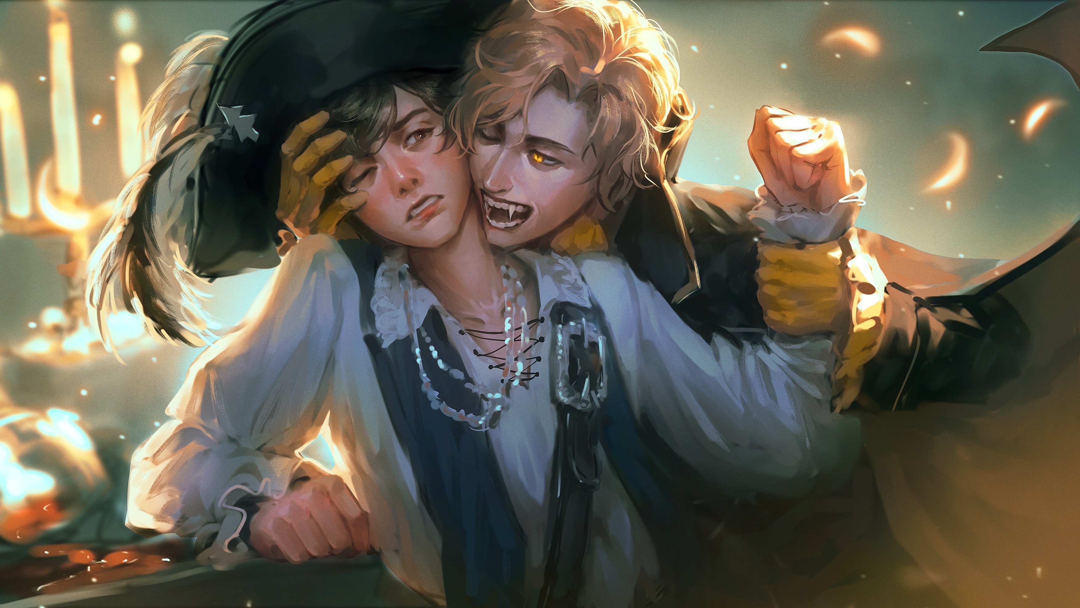 suikamelony, bill cipher, dipper pines, gravity falls, absurdres, highres, 2boys, aged up, blonde hair, brown hair, collared shirt, fangs, gloves, hat, jewelry, lips, male focus, multiple boys, necklace, nose, one eye closed, painterly, parted lips, pirate, pirate hat, realistic, shirt, short hair, vampire, white shirt, yaoi, yellow eyes, yellow gloves