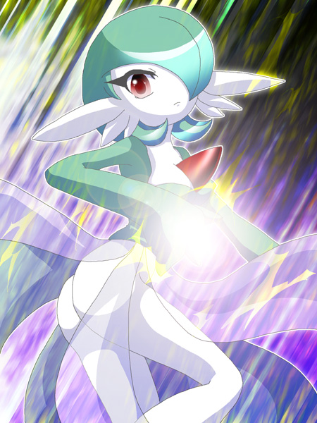 shiratsuki (royal moon), gardevoir, nintendo, pokemon, tagme, 1girl, ass, breasts, closed mouth, female focus, gen 3 pokemon, green hair, hair over one eye, looking at viewer, no humans, pokemon (creature), solo