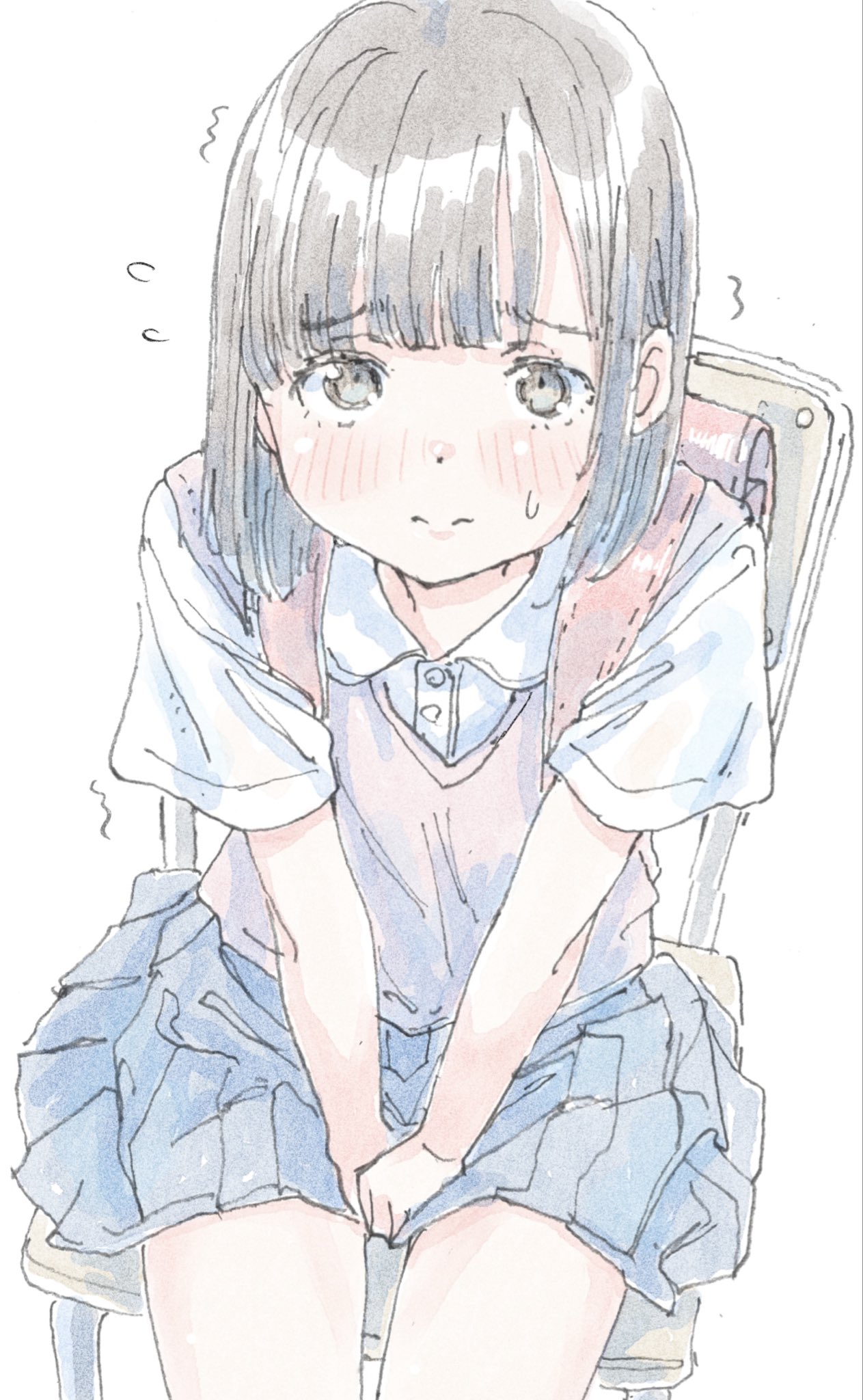 poranka (porankaran), original, highres, 1girl, backpack, bag, blue skirt, blunt bangs, blush, bob cut, brown eyes, brown hair, buttons, chair, closed mouth, collared shirt, covering crotch, covering privates, dot nose, embarrassed, looking at viewer, nose blush, own hands together, parted bangs, pink vest, pleated skirt, randoseru, school bag, school chair, school uniform, shirt, short hair, short sleeves, simple background, skirt, solo, sweat, thighs, trembling, vest, white background, white shirt