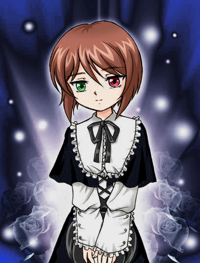 boku, souseiseki, rozen maiden, 00s, 1girl, boku in black, brown hair, female focus, flower, hat, heterochromia, rose, short hair, solo