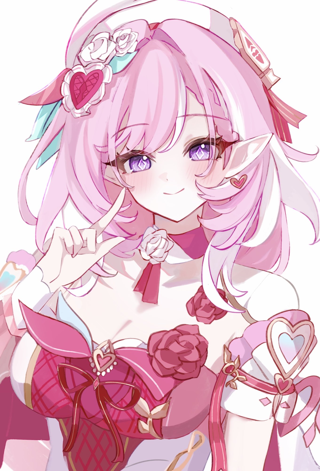 tdatnst, elysia (hi love elf) (honkai impact), elysia (honkai impact), honkai (series), honkai impact 3rd, commentary request, highres, 1girl, bare shoulders, breasts, cleavage, closed mouth, diamond-shaped pupils, diamond (shape), earrings, hair ornament, hand up, hat, heart, heart earrings, heart hair ornament, jewelry, large breasts, looking at viewer, pink hair, pointy ears, purple eyes, simple background, smile, solo, symbol-shaped pupils, upper body, white background, white hat