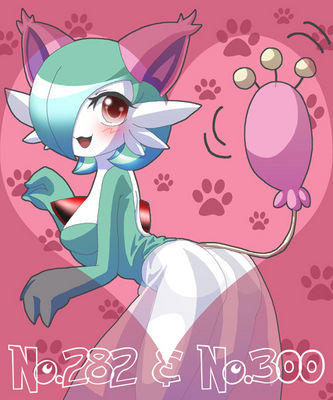 shiratsuki (royal moon), gardevoir, skitty, nintendo, pokemon, lowres, tagme, 1girl, animal ears, ass, blush, breasts, cat ears, cat girl, cat tail, female focus, gen 3 pokemon, green hair, hair over one eye, heart, no humans, open mouth, paw print, paw print background, pink background, pokemon (creature), red eyes, solo, tail
