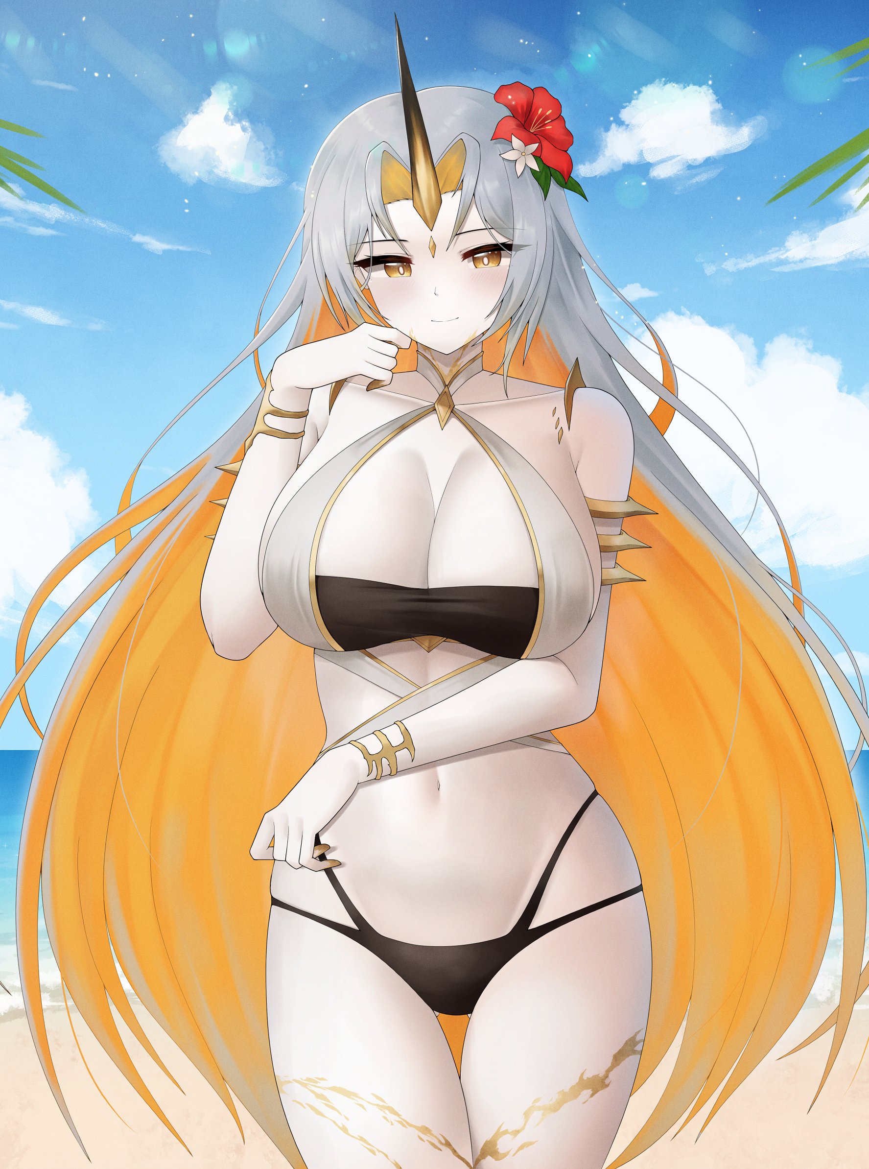 doiparuni, gullveig (fire emblem), gullveig (summer) (fire emblem), fire emblem, fire emblem heroes, nintendo, highres, 1girl, arm under breasts, armlet, bare arms, bare shoulders, beach, bikini, black bikini, blue sky, blush, bracelet, breasts, cleavage, closed mouth, cloud, collarbone, colored inner hair, flower, gluteal fold, gold horns, grey hair, hair flower, hair ornament, horns, huge breasts, jewelry, long hair, looking at viewer, multicolored hair, navel, ocean, official alternate costume, orange hair, outdoors, pale skin, palm tree, single horn, sky, smile, solo, stomach, swimsuit, thick thighs, thighs, tree, two-tone hair, water, yellow eyes, yellow horns