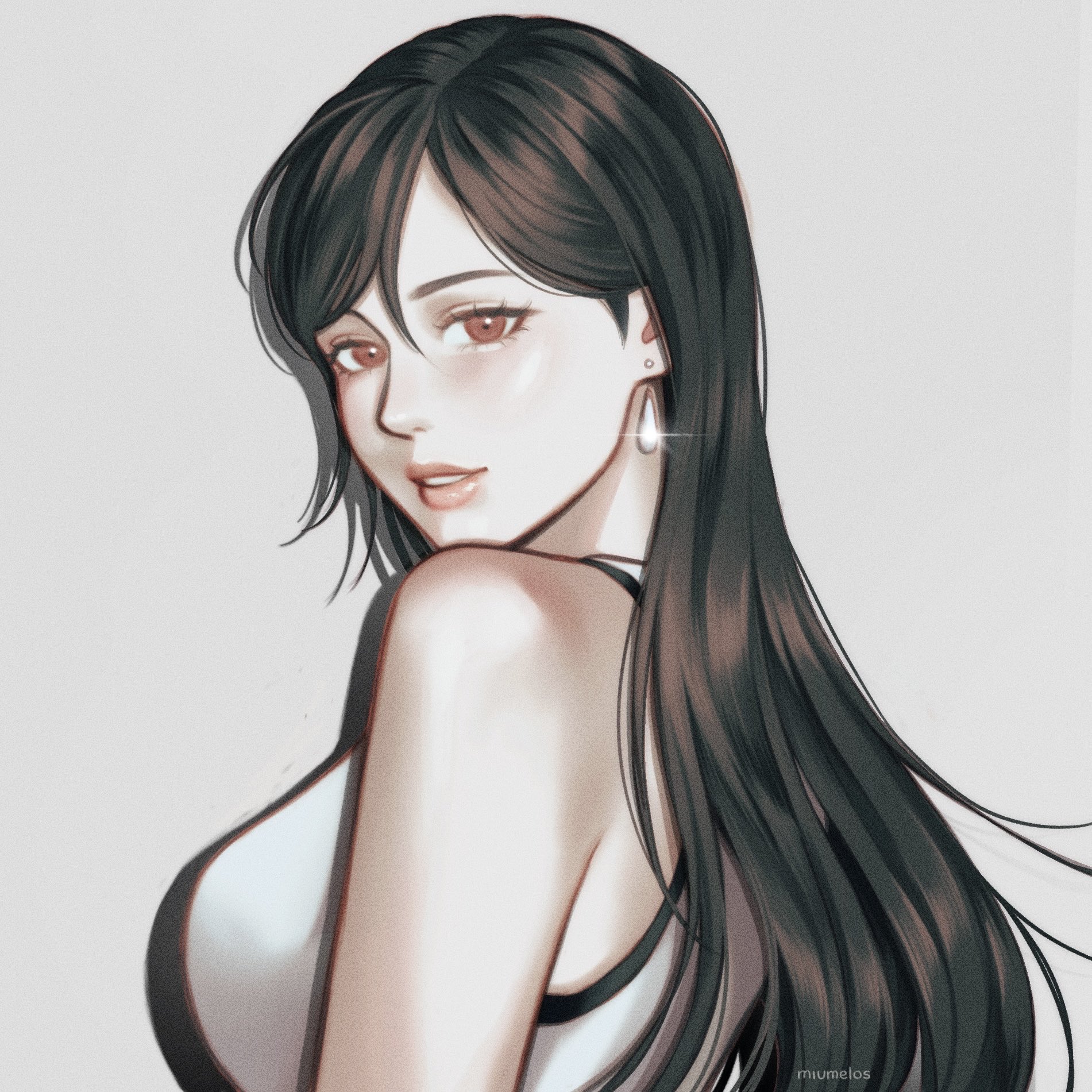 hanaflans, tifa lockhart, final fantasy, final fantasy vii, final fantasy vii remake, commentary, highres, 1girl, bare shoulders, black hair, breasts, drop shadow, earrings, from side, glint, grey background, hair behind ear, hair between eyes, jewelry, large breasts, lips, long hair, looking at viewer, looking to the side, parted lips, pink lips, red eyes, single earring, solo, swept bangs, tank top, teardrop earrings, upper body, white tank top