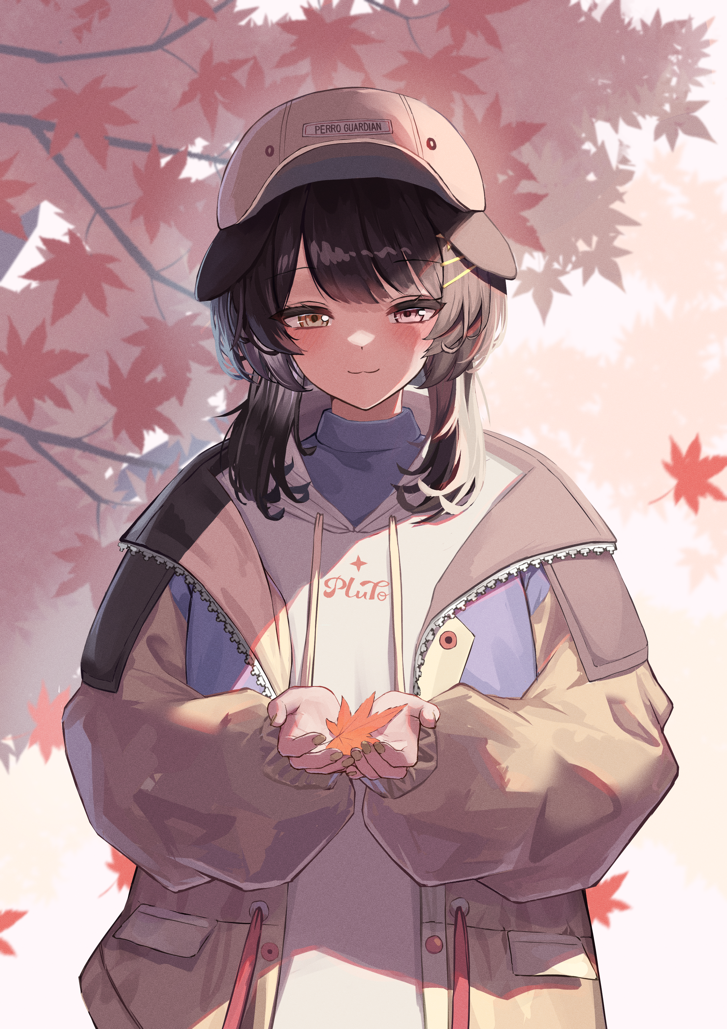 ami no fuda, inui toko, inui toko (hoodie), nijisanji, absurdres, commentary, highres, symbol-only commentary, autumn leaves, baseball cap, blush, brown hair, brown hat, brown jacket, closed mouth, dog girl, dog tail, hands up, hat, heterochromia, holding, holding leaf, hood, hoodie, jacket, leaf, long hair, long sleeves, maple leaf, official alternate costume, open clothes, open jacket, pink eyes, puffy long sleeves, puffy sleeves, smile, tail, upper body, virtual youtuber, white background, white hoodie, yellow eyes