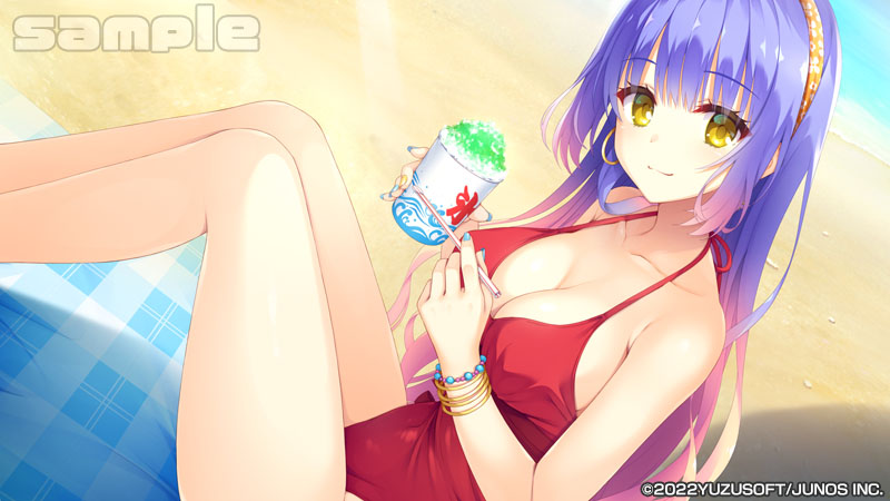 muririn, kohibari kurumi, tenshi souzou re-boot!, commentary, english commentary, official art, 1girl, bare shoulders, beach, bracelet, breasts, cleavage, closed mouth, collarbone, copyright notice, day, dutch angle, earrings, food, gold bracelet, gold earrings, gradient hair, green eyes, hoop earrings, jewelry, knees up, large breasts, long hair, looking at viewer, multicolored hair, one-piece swimsuit, outdoors, pink hair, purple hair, red one-piece swimsuit, sample watermark, shaved ice, smile, solo, swimsuit, thighs, watermark