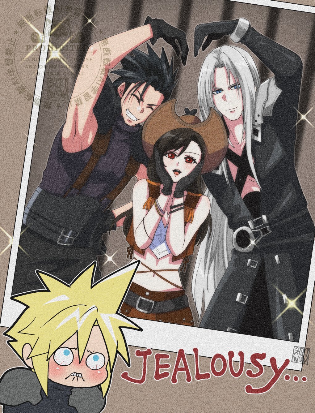 shikiwo, cloud strife, sephiroth, tifa lockhart, zack fair, crisis core final fantasy vii, final fantasy, final fantasy vii, commentary request, highres, mixed-language commentary, 1girl, 3boys, armor, bare shoulders, belt, belt buckle, biting own lip, black coat, black gloves, black hair, blonde hair, blue eyes, blush, brown hat, brown skirt, brown vest, buckle, chest strap, coat, cowboy hat, cowboy shot, crop top, gloves, green eyes, grey hair, grin, hands on own cheeks, hands on own face, hat, height difference, jealous, long hair, looking at viewer, midriff, multiple belts, multiple boys, navel, open mouth, parted bangs, photo (object), red eyes, ribbed sweater, short hair, shoulder armor, skirt, sleeveless, sleeveless turtleneck, smile, sparkle, spiked hair, suspenders, sweater, turtleneck, turtleneck sweater, upper body, very long hair, vest