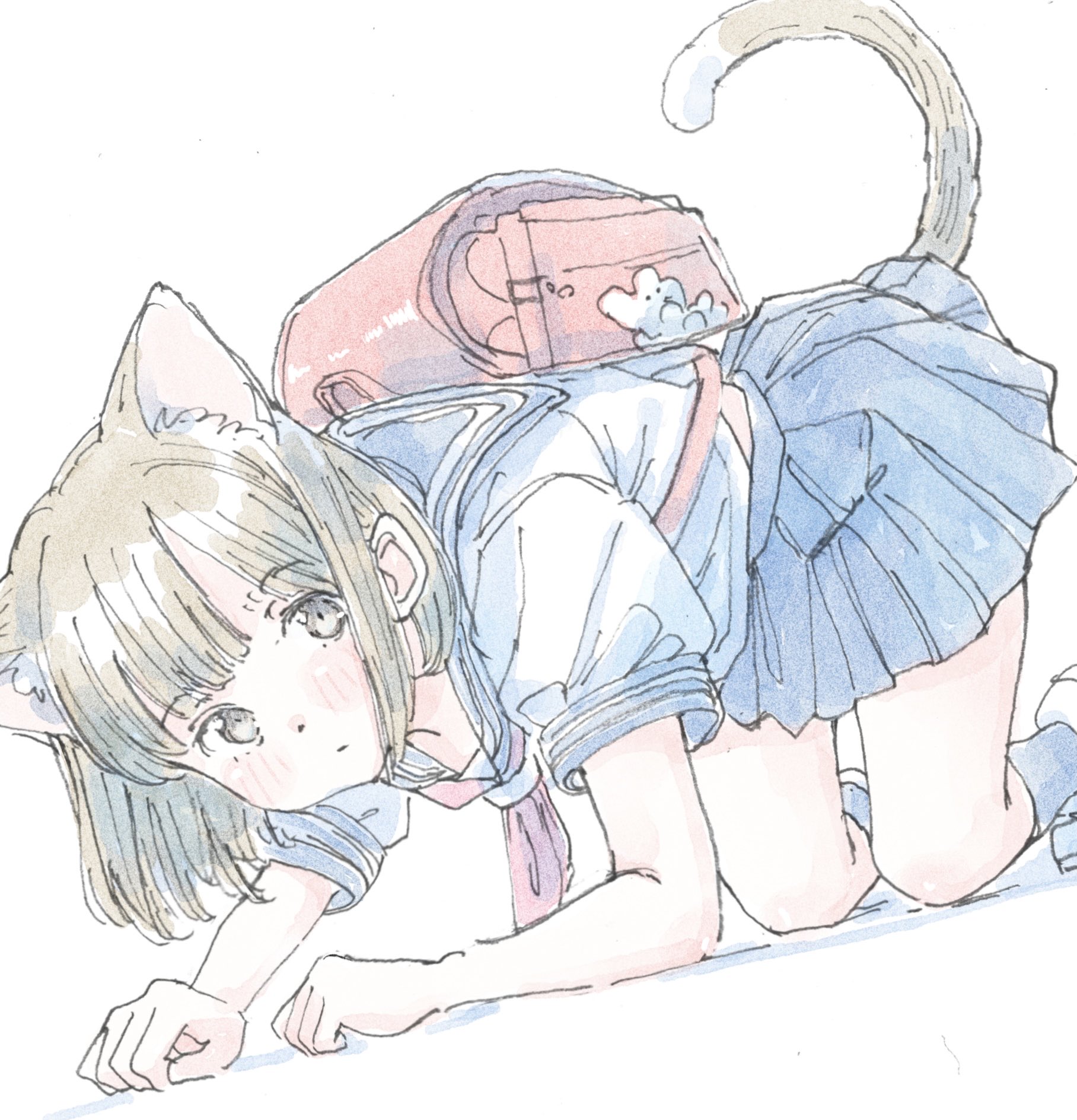 poranka (porankaran), original, highres, 1girl, all fours, animal ear fluff, animal ears, backpack, bag, blue sailor collar, blue skirt, blue socks, blunt bangs, blush, brown eyes, brown hair, cat ears, cat girl, cat tail, closed mouth, dot mouth, dot nose, feet out of frame, kneehighs, looking at viewer, parted bangs, pleated skirt, randoseru, sailor collar, school bag, school uniform, serafuku, single sidelock, skirt, socks, tail