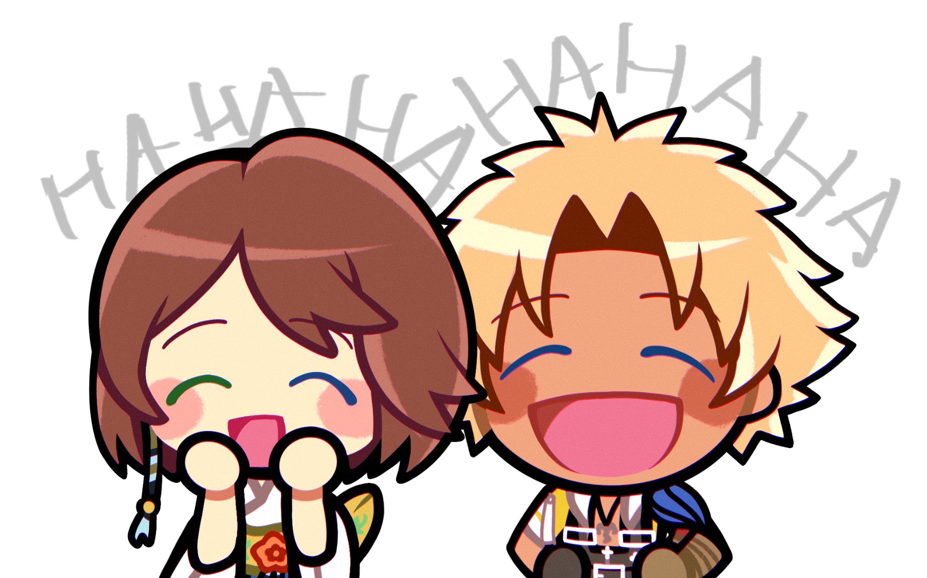 tidus, yuna (ff10), final fantasy, final fantasy x, commentary, english commentary, highres, 1boy, 1girl, blonde hair, blush, blush stickers, brown hair, chibi, chibi only, closed eyes, english text, facing viewer, hair ornament, hands on own cheeks, hands on own face, hands on own hips, laughing, nontraditional miko, open mouth, sash, short hair, simple background, smile, spiked hair, tan, upper body, white background, yiprincess