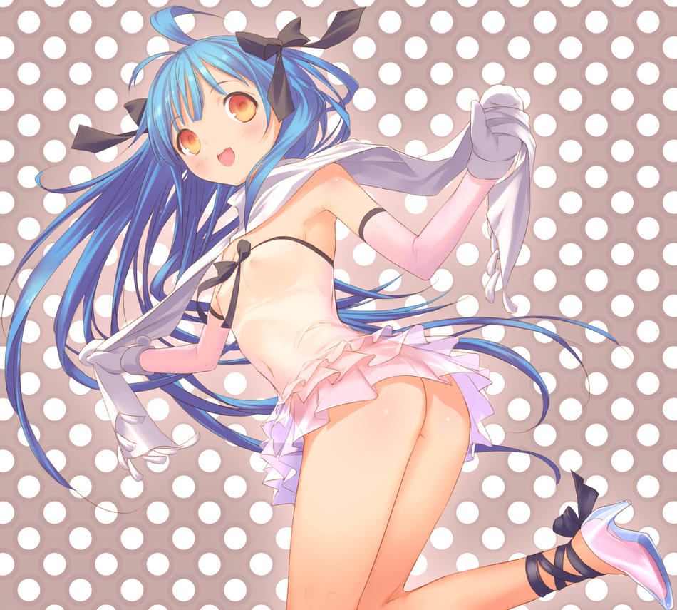 blue hair, bow, dress, gloves, high heels, plastic girl, polka dot, ribbon, shoes, skirt, yellow eyes