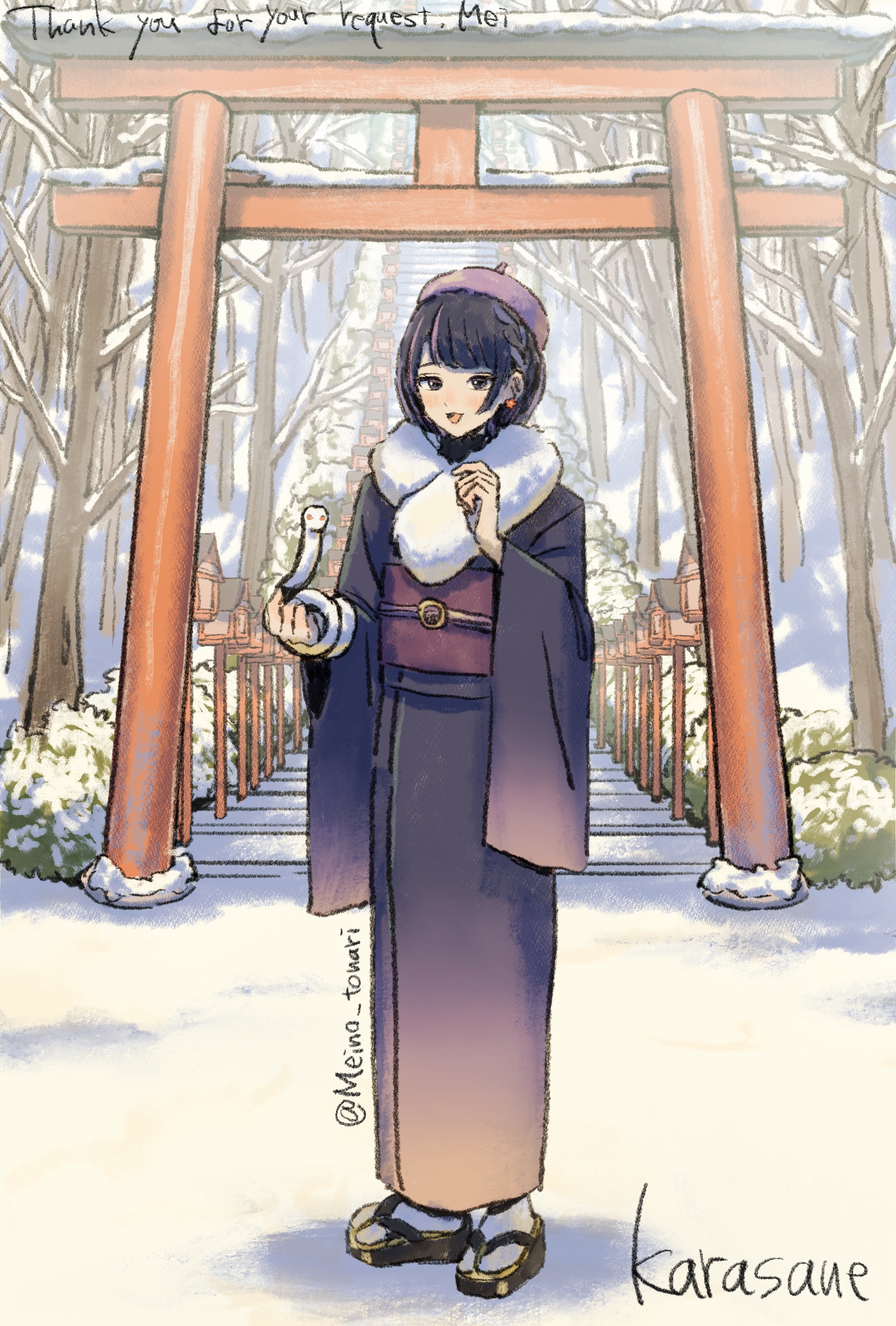 karasane03, absurdres, highres, 1girl, artist name, beret, black hair, blush, braid, chinese zodiac, commissioner name, furisode, hat, hatsumoude, japanese clothes, kimono, looking at viewer, new year, okobo, outdoors, platform sandals, purple kimono, sandals, short hair, shrine, single braid, smile, snake, snow, socks, solo, stairs, standing, tabi, torii, two-tone kimono, white snake, year of the snake