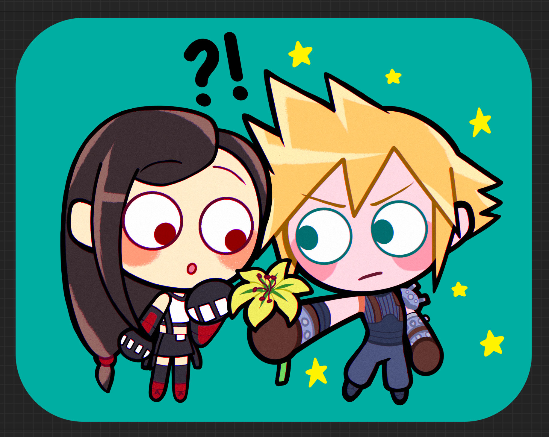 cloud strife, tifa lockhart, final fantasy, final fantasy vii, final fantasy vii remake, commentary, english commentary, highres, !?, 1boy, 1girl, armor, bare shoulders, black gloves, black hair, black skirt, black thighhighs, blonde hair, blue eyes, blue pants, blush, blush stickers, boots, brown gloves, chibi, chibi only, closed mouth, crop top, flower, full body, gloves, holding, holding flower, long hair, looking at another, low-tied long hair, open mouth, pants, red boots, red eyes, ribbed sweater, shoulder armor, simple background, skirt, sleeveless, sleeveless turtleneck, spiked hair, standing, star (symbol), suspender skirt, suspenders, sweater, tank top, thighhighs, turtleneck, turtleneck sweater, white tank top, yellow flower, yiprincess