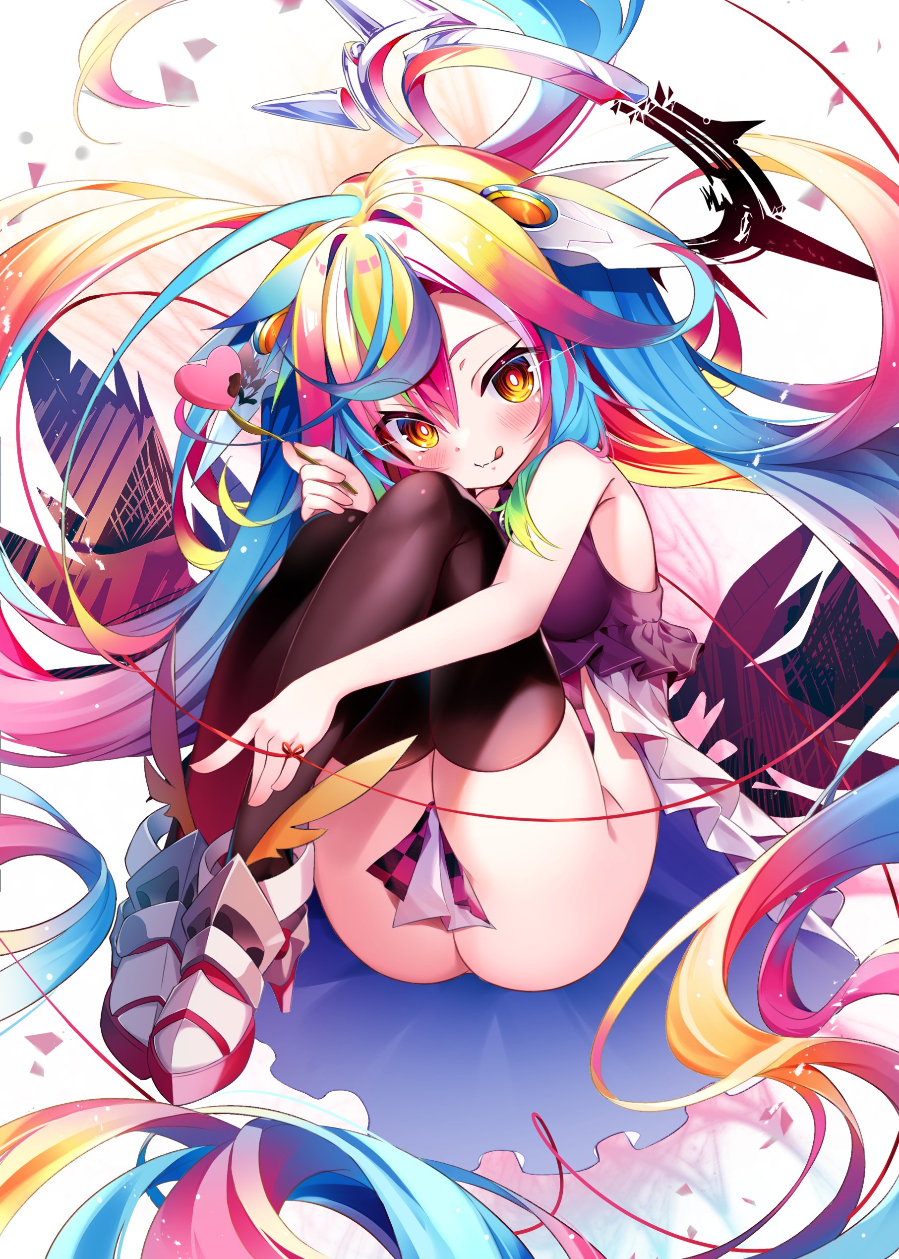 fusen haru, ochite miro, luminaria pro, absurdres, bilingual commentary, commentary, commentary request, english commentary, highres, mixed-language commentary, 1girl, :p, absurdly long hair, ahoge, ankle boots, black thighhighs, blonde hair, blue hair, blush, boots, breasts, bright pupils, fang, floating hair, gradient hair, green hair, hair between eyes, halo, headgear, heart, high heel boots, high heels, holding, huge ahoge, knees up, long hair, looking at viewer, medium breasts, multicolored hair, orange hair, pink hair, purple hair, red hair, skin fang, solo, string, string of fate, thighhighs, tongue, tongue out, very long hair, virtual youtuber, white pupils, winged boots, yellow eyes