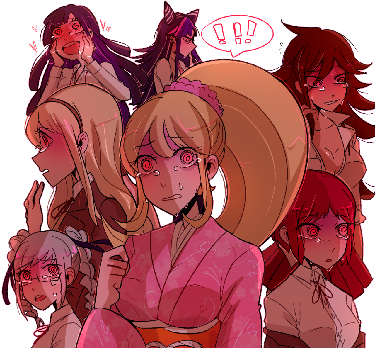 huyandere, koizumi mahiru, mioda ibuki, owari akane, pekoyama peko, saionji hiyoko, sonia nevermind, danganronpa (series), danganronpa 3 (anime), commentary, english commentary, spoilers, third-party source, !, !!, 6+girls, @ @, black hair, black ribbon, blonde hair, blue hair, blush, braid, breasts, brown hair, brown hairband, brown jacket, cleavage, closed mouth, collarbone, collared shirt, drooling, eyelashes, freckles, from side, glasses, grey hair, hair horns, hairband, hands on own face, heart, jacket, japanese clothes, kimono, long hair, long sleeves, mouth drool, multicolored hair, multiple girls, neck ribbon, obi, off shoulder, open mouth, orange sash, pink hair, pink kimono, ponytail, purple hair, red eyes, red hair, red ribbon, ribbon, sash, shirt, short hair, sidelocks, simple background, smile, spoken exclamation mark, streaked hair, tears, teeth, twin braids, twintails, upper teeth only, very short hair, white background, white hair, white shirt